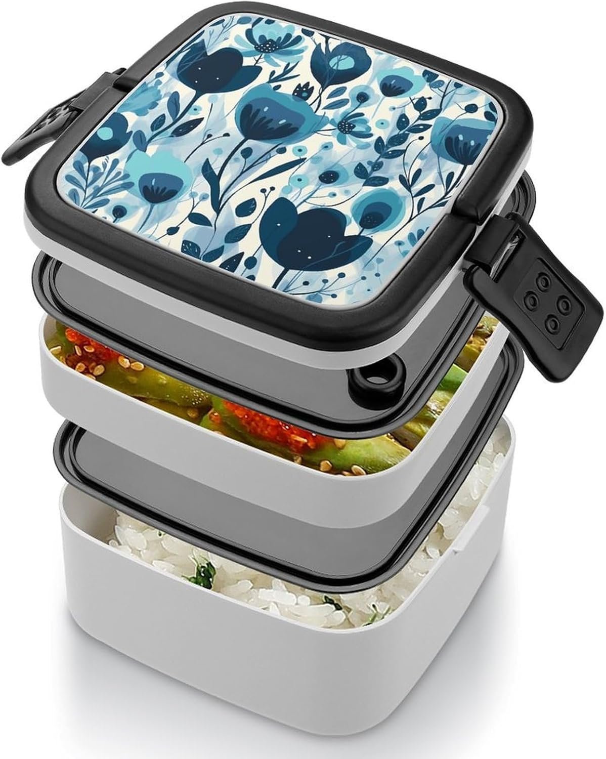 Simple Flowers Bento Box with Spoon, 2-layer Stackable Lunch Box Leak Proof with Invisible Handle, Insulated Food Storage for Office, Picnic & Travel - Image 5