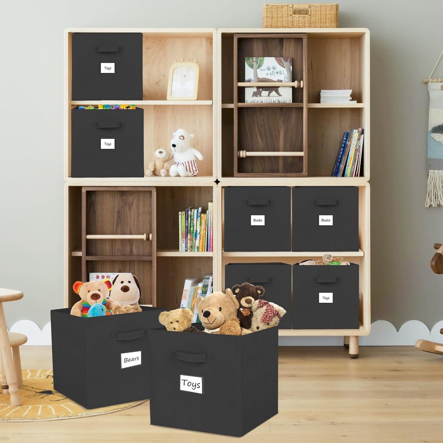 13x13x13 Storage Cubes Bins 6 Pack, Collapsible Fabric Storage Bins with Fabric Handle, Simple Cubical Storage Boxes for Cube Organizer, Shelf and Closet Storage (Black) - Image 8