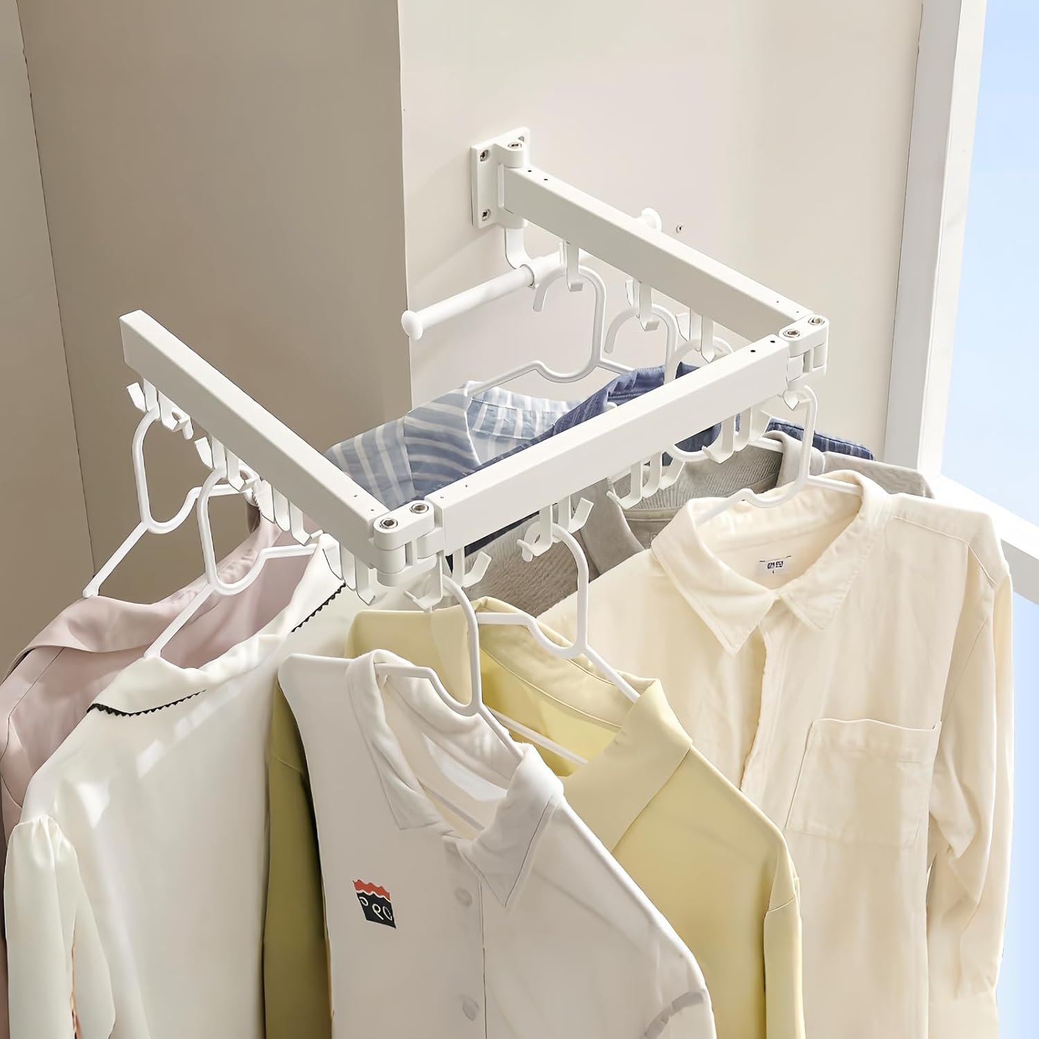 JOOM Clothes Drying Rack Wall Mounted,Folding Clothes Drying Rack,Retractable,Collapsible(Tri-Fold,Upgrade Hook),Wall Mounted Drying Rack for Laundry Balcony Bathroom (White) - Image 7