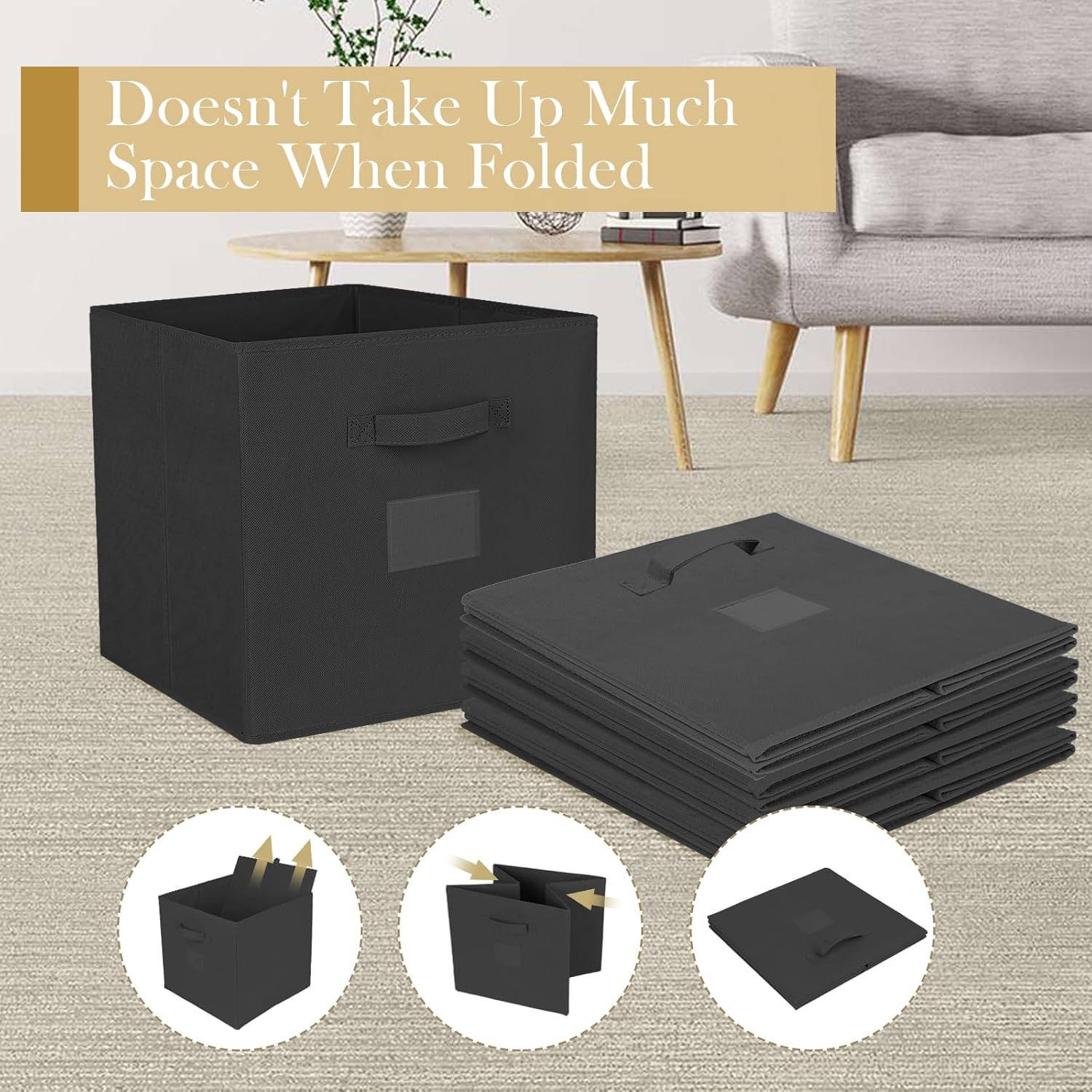 13x13x13 Storage Cubes Bins 6 Pack, Collapsible Fabric Storage Bins with Fabric Handle, Simple Cubical Storage Boxes for Cube Organizer, Shelf and Closet Storage (Black) - Image 6