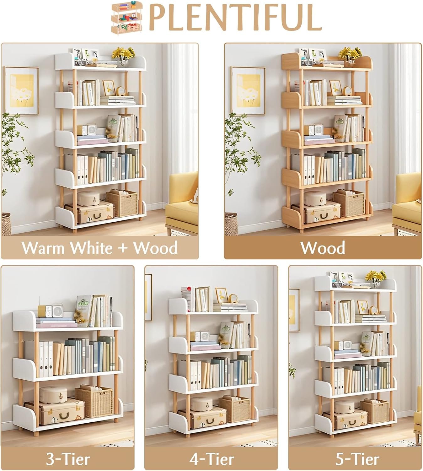 4-Tier Wooden Open Bookcase - Modern Display Bookshelf with Top Edge and Solid Wood Frame for Home and Office, Storage Cabinet, Warm White - Image 5