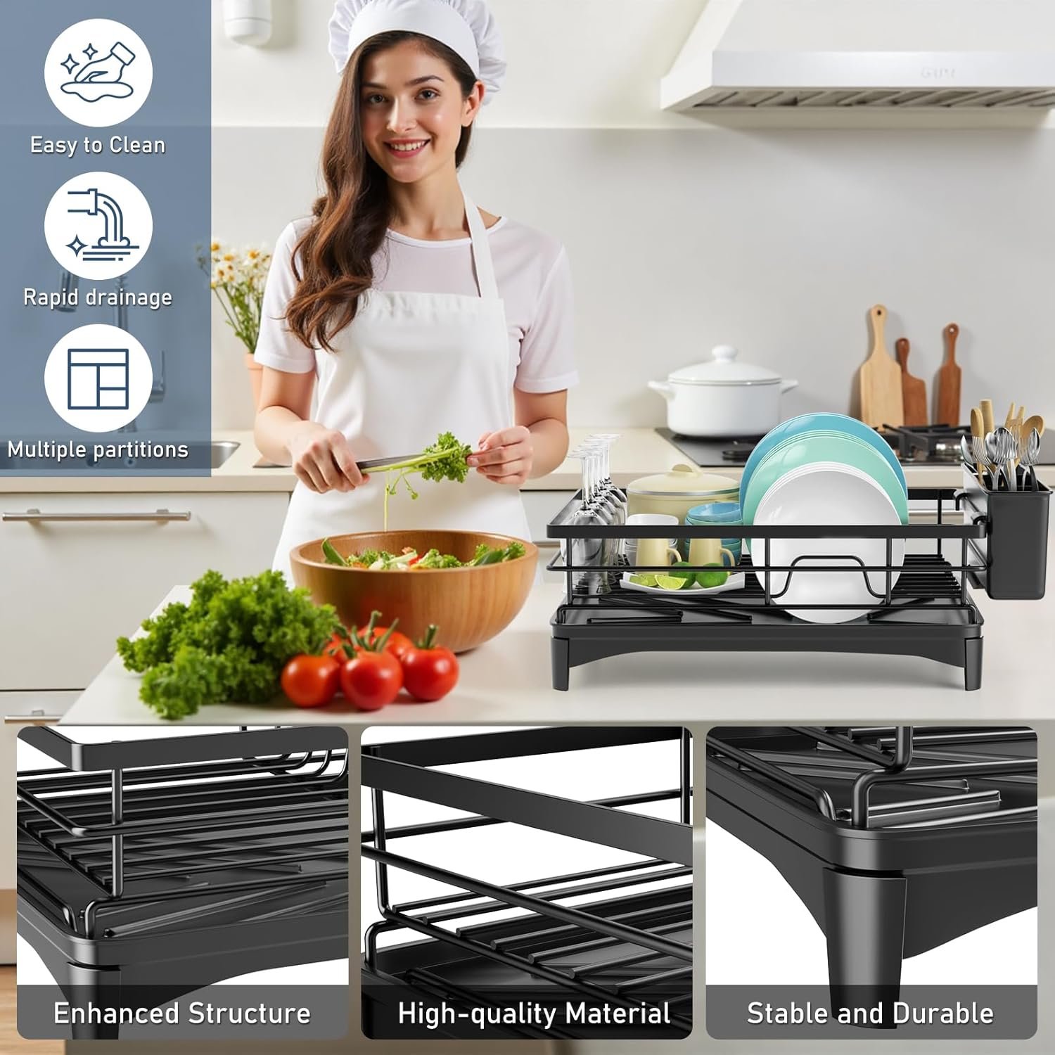 Black Stainless Steel Dish Drying Rack for Kitchen Counter, Space-Saving Dish Drainer with Drainboard, Utensil Holder & Collapsible Design - Image 4