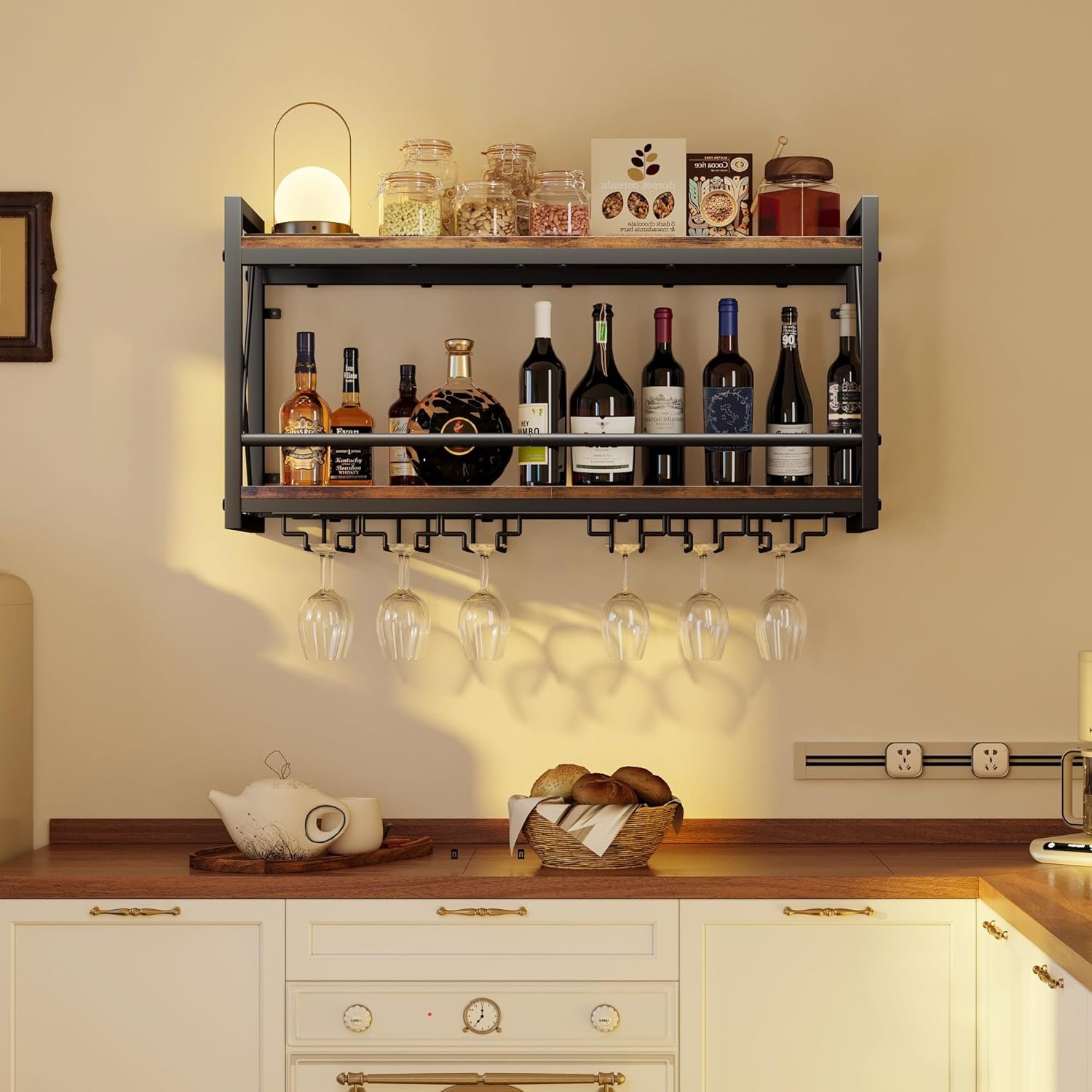 Homeiju Wall Mounted Wine Rack, Bottle & Glass Holder Wood-Metal Retro Wine Rack, Wine Bottles Display Wall Storage for Kitchen Dining Room Home Bar - Image 8