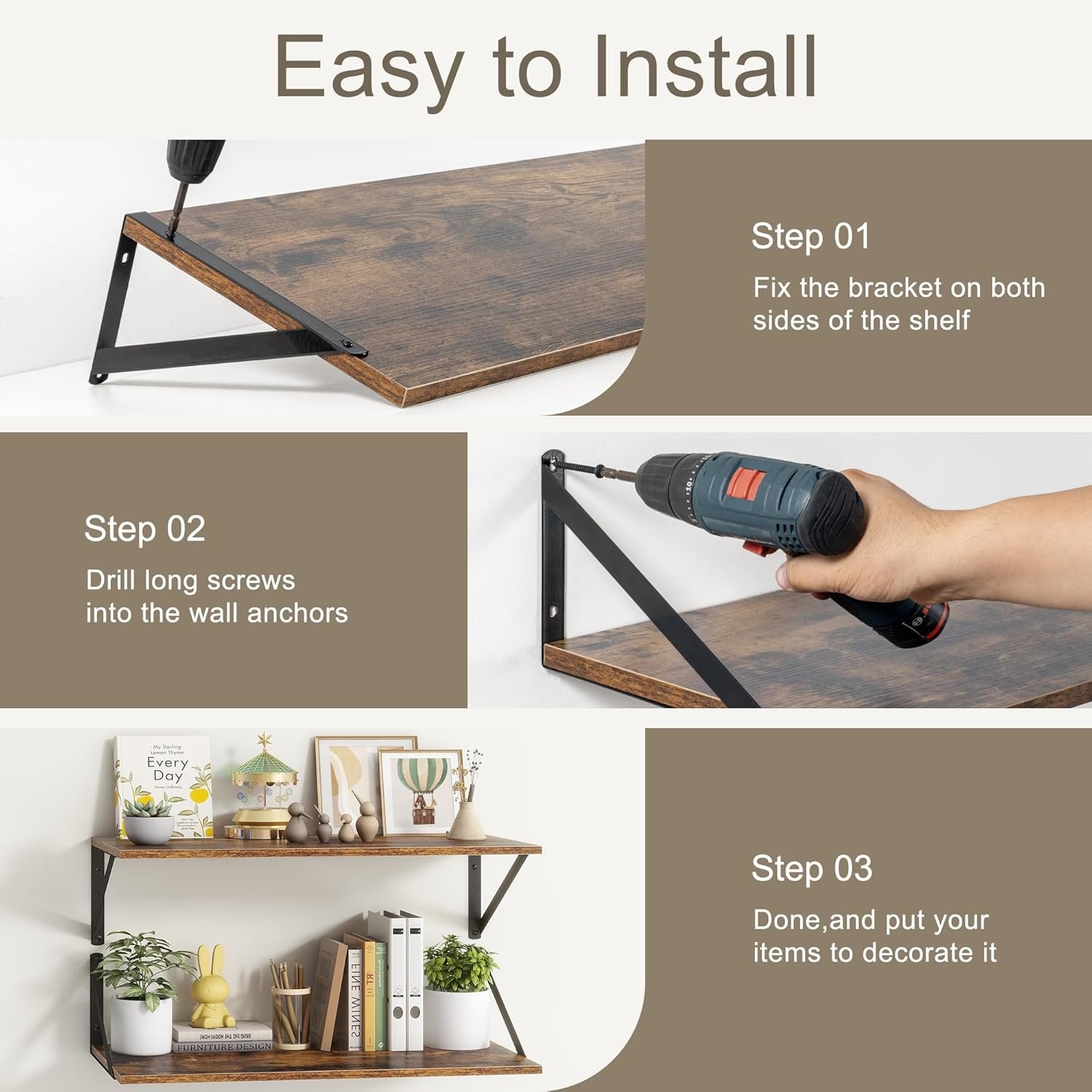 36"W x 12"D Floating Shelves, Deep Floating Shelves with Brackets, 12 Inch Deep Wall Shelves for Books, Wide Display Storage Shelves for Bathroom, Living Room, 36 Inch Long, Rustic Brown, Set of 2 - Image 8