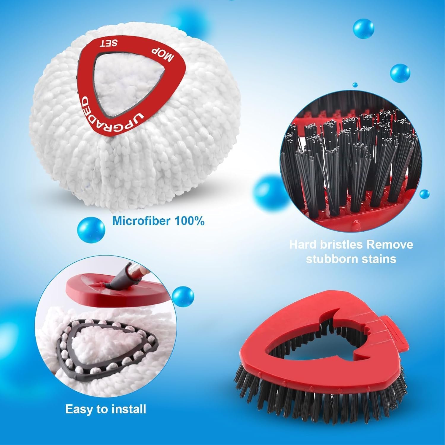 Spin Mop Replace Head Compatible with Ocedar EasyWring 1 Tank, Upgraded Scrub Brush Mop Replacement Head, 2 Microfiber Mop Refills, 1 Mop Handle, 1 Mop Base and 1 Mop Base Cleaning Brush Combo Set - Image 4
