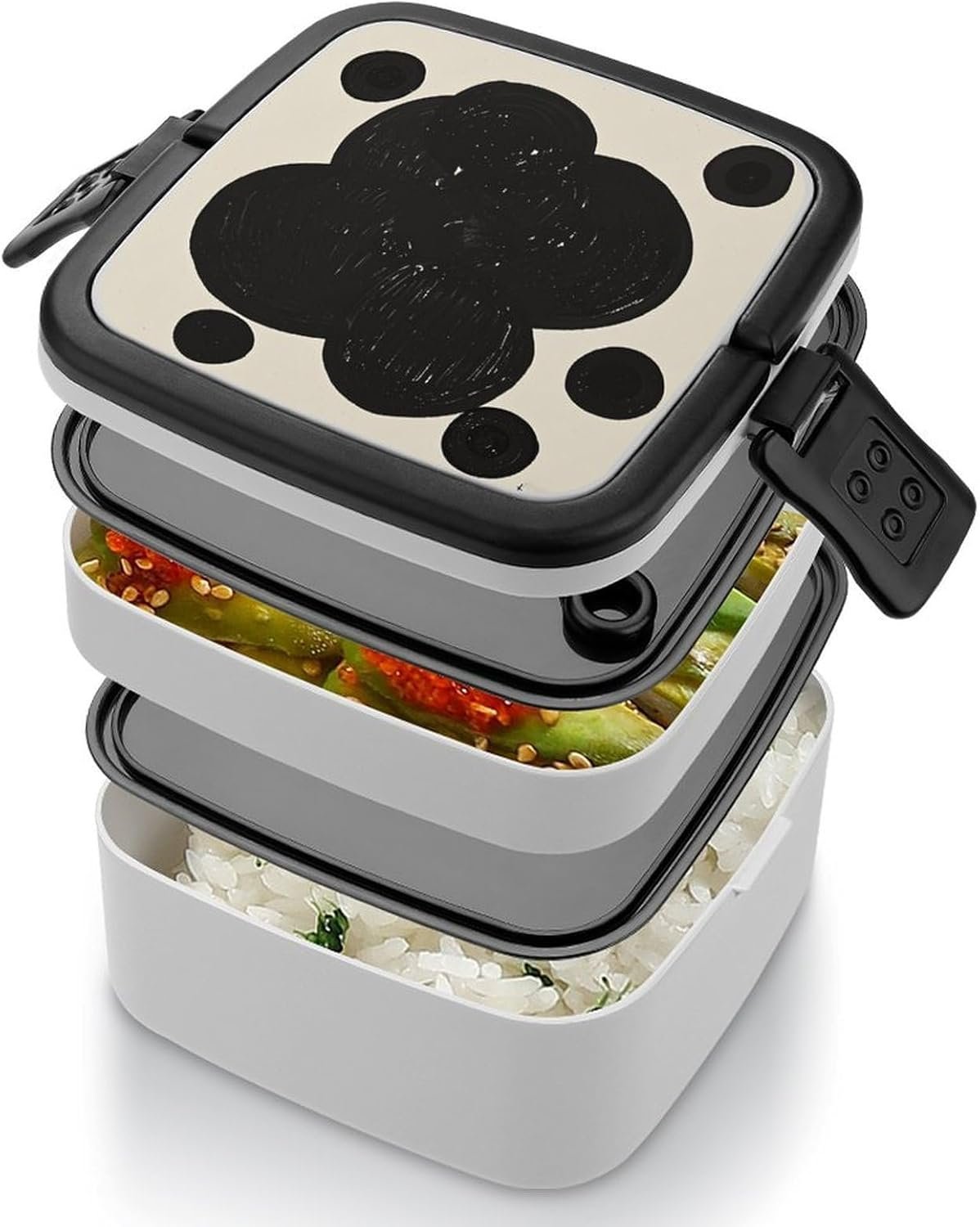 Black & White Big Dot Bento Box with Spoon, 2-layer Stackable Lunch Box Leak Proof with Invisible Handle, Insulated Food Storage for Office, Picnic & Travel - Image 5