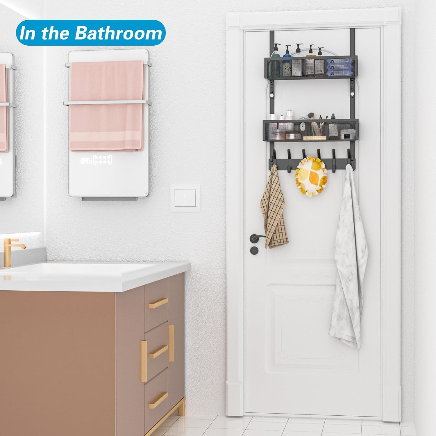 Over The Door Hooks Organizer, Over The Door Towel Rack with 12 Coat Hooks and 2 Mesh Basket, Bathroom Door Organizer Back of Door Hanger Organizer for Bedroom, Kitchen(Black) - Image 8