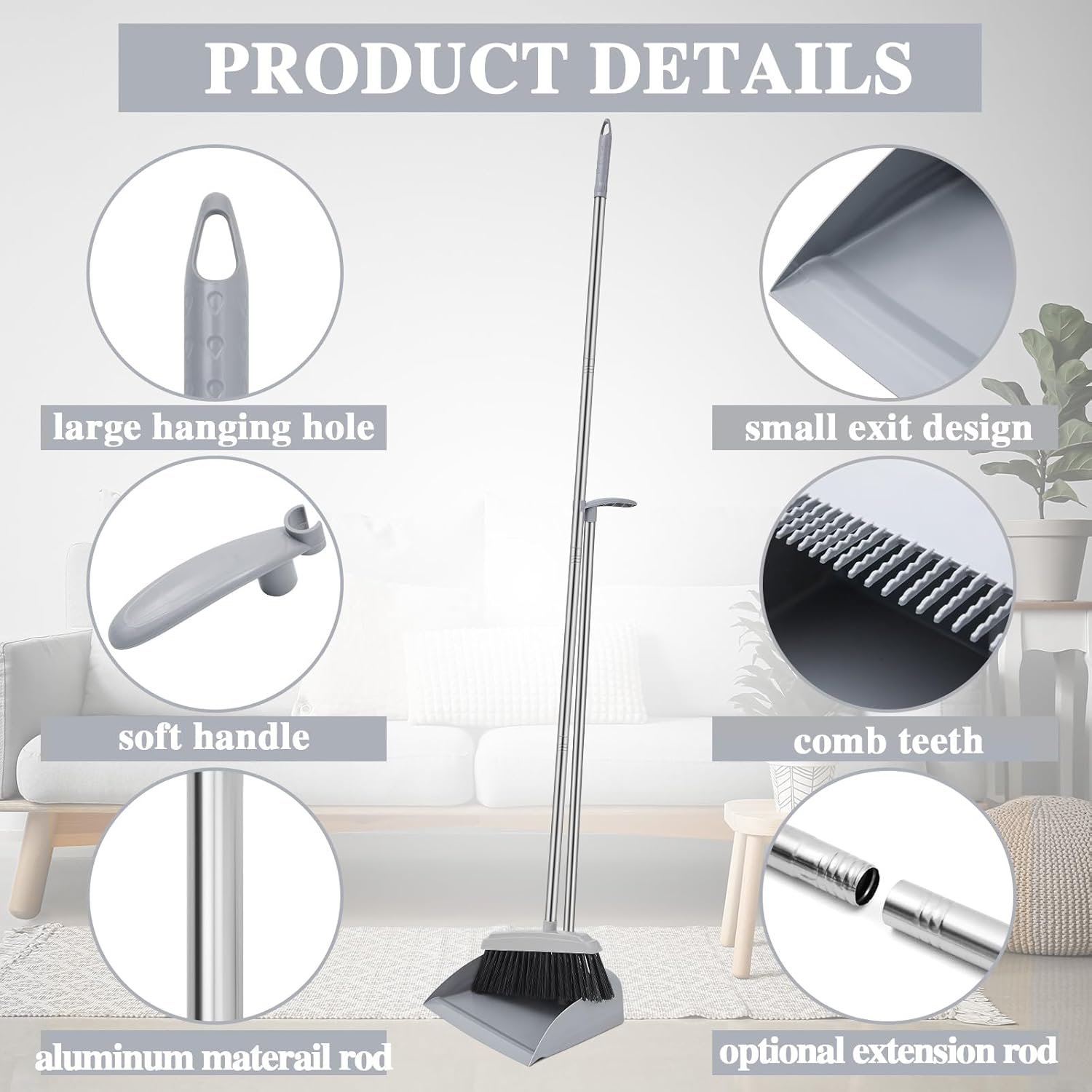 Tioncy 8 Set 16 Pcs Broom and Dustpan Set 53 Inch Broom with Dustpan Combo with Long Handle Upright Stand up for Office Home Kitchen Lobby Floor Cleaning - Image 4