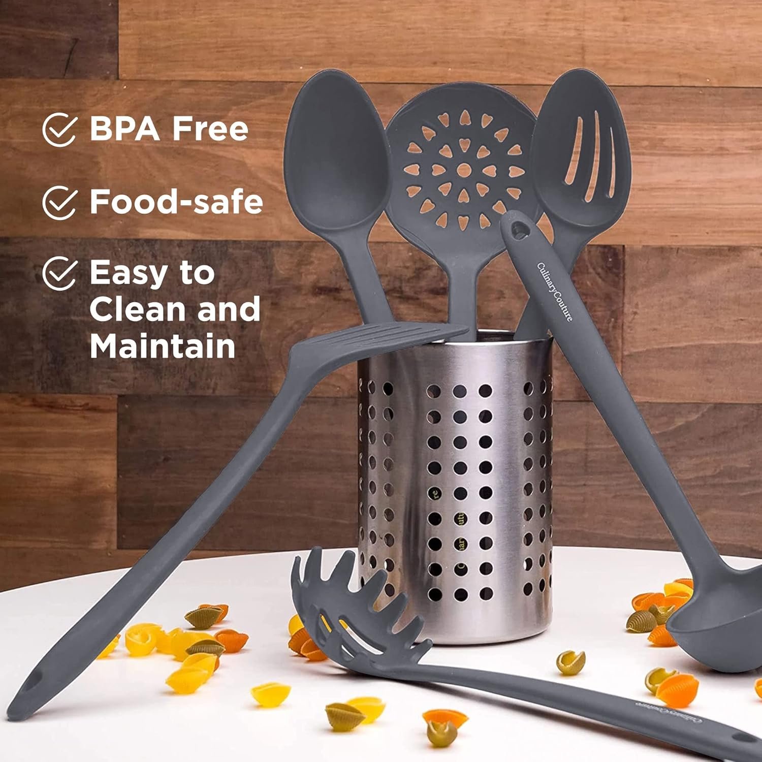 Culinary Couture Grey Silicone Kitchen Utensils Set of 6, Non-Stick Heat-Resistant Silicone Kitchen Utensils Set with Steel Inner Core - Image 4