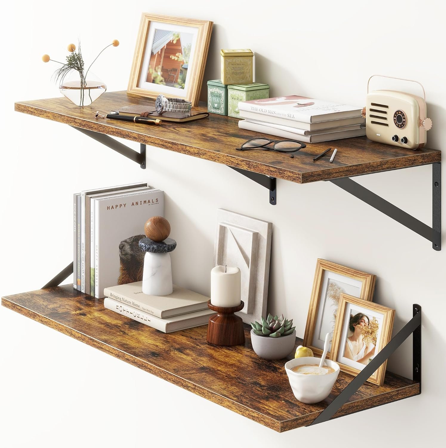 36"W x 12"D Floating Shelves, Deep Floating Shelves with Brackets, 12 Inch Deep Wall Shelves for Books, Wide Display Storage Shelves for Bathroom, Living Room, 36 Inch Long, Rustic Brown, Set of 2 - Image 2
