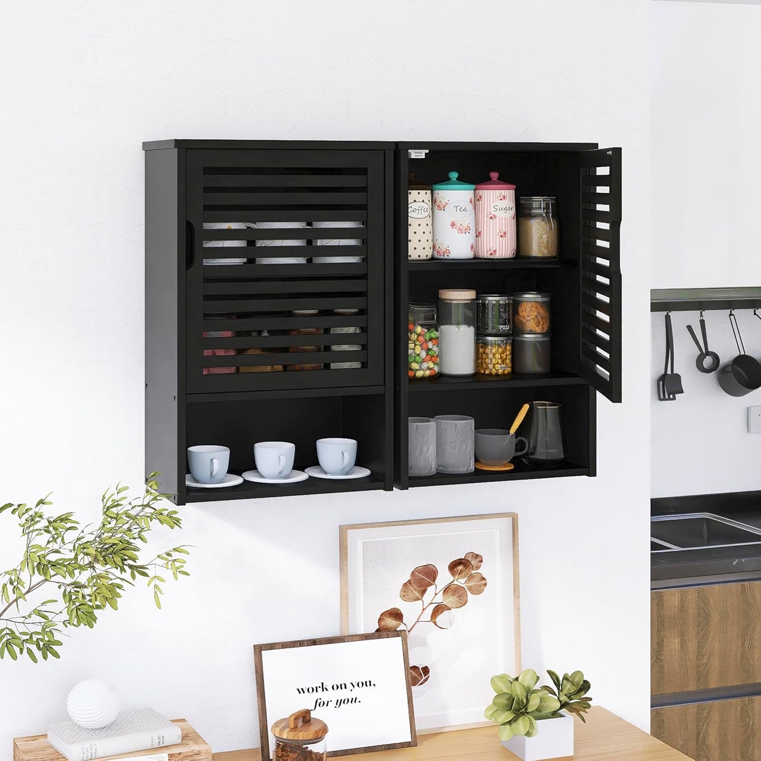 HITNET Bathroom Storage Cabinet Wall Mounted, Hanging Medicine Cabinet with Adjustable Shelf, Over The Toilet Space Saver Organizer, Black Bamboo Kitchen Cupboard, Single Door - Image 8