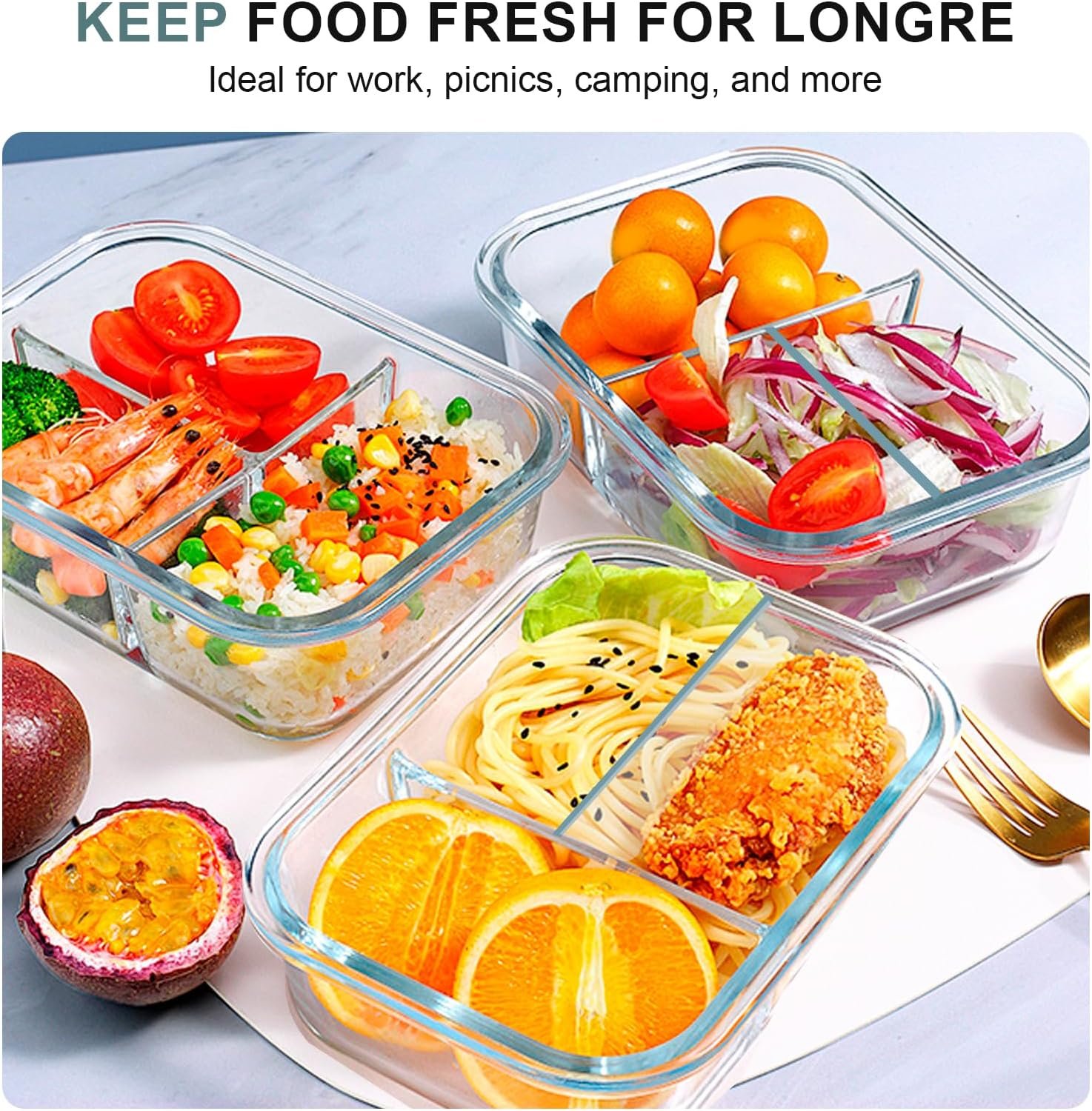KOMUEE Glass Meal Prep Containers 3 Compartments, 5 Pack 36 oz, Glass Food Storage Containers with Lids, Airtight Lunch Bento Box, Portion Control, Freezer and Microwave Safe - Image 6