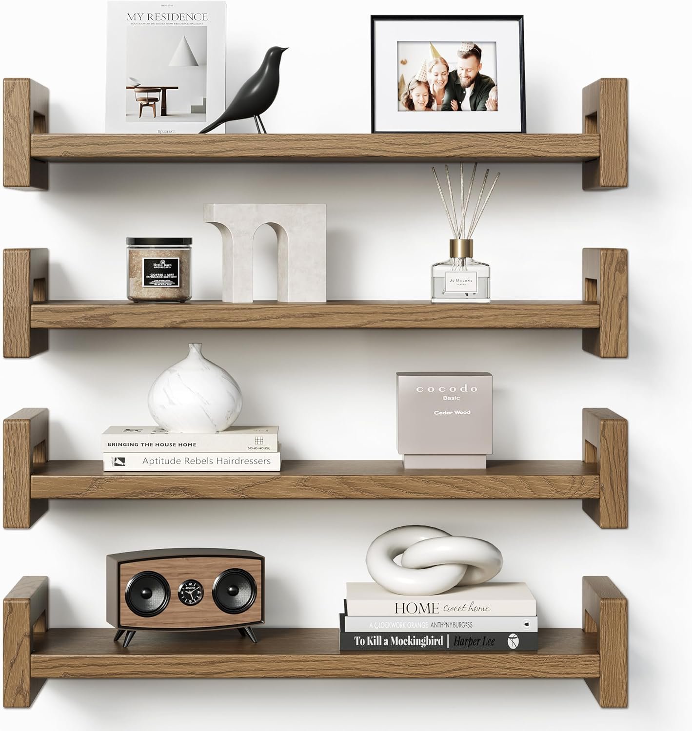 Vailando Floating Shelves for Wall, Set of 4 Solid Wood Wall Mounted Shelves, 16" Rustic Walnut Display Shelf for Bedroom, Living Room, Bathroom, Kitchen – Strong Load Capacity & Natural Pine - Image 2