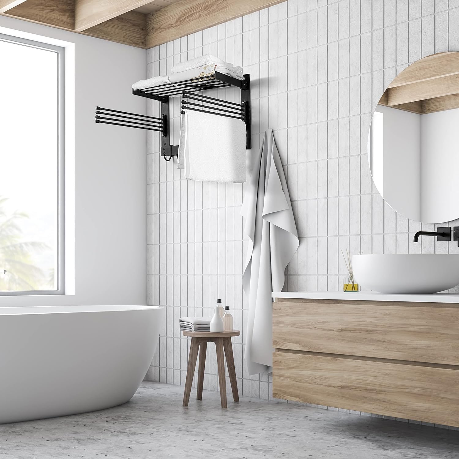 BATODA Wall-Mounted Steel Clothes Drying Rack - Swivel Towel Hanger for Laundry Room & Bathroom - Space Saver (Steel) - Image 6