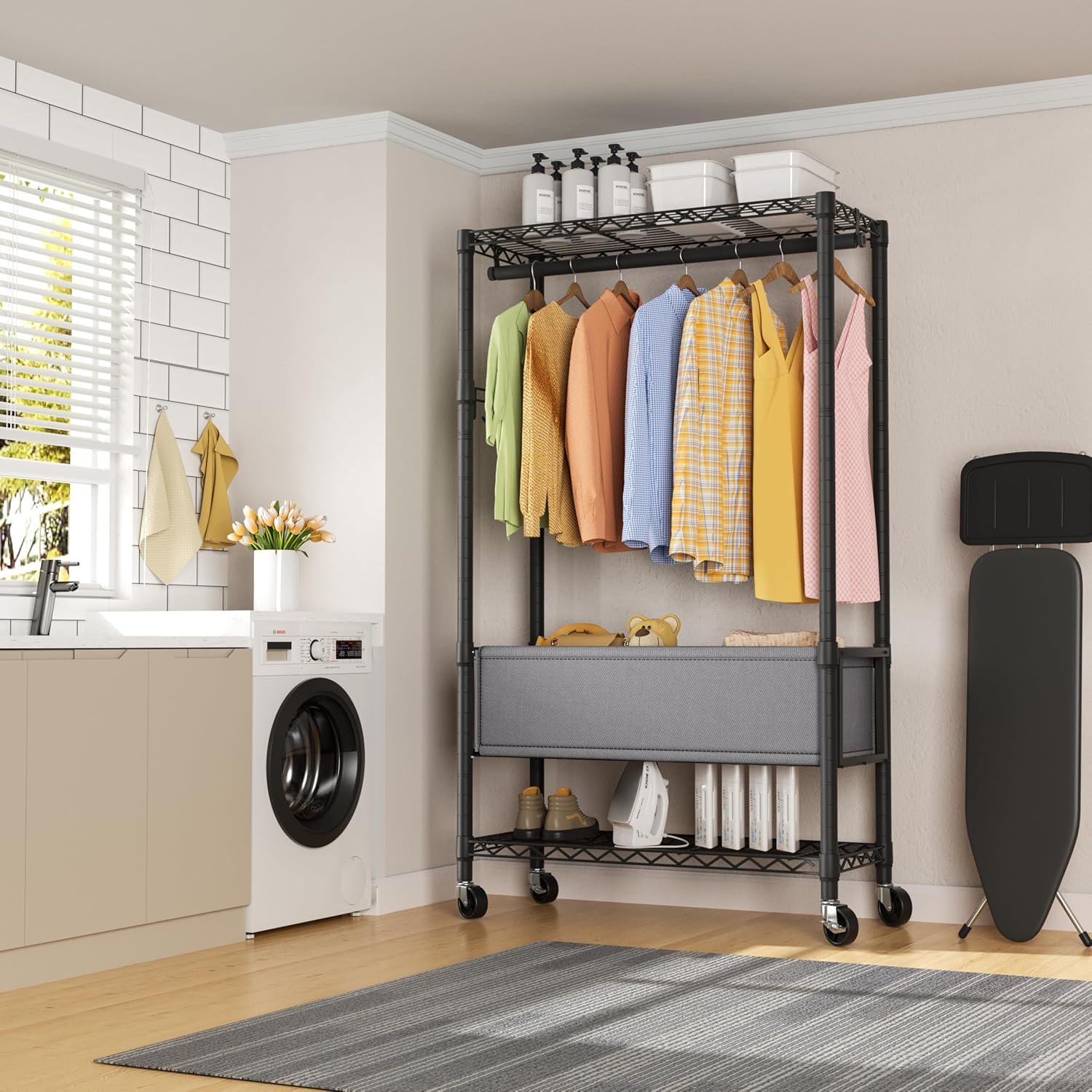 Clothes Rack,Heavy Duty Garment Rack 3 Tier Adjustable With Removable Clothe Basket,Wheels Free Standing Rolling Wire Shelving Clothing Racks for Hanging Clothes Metal Portable Closet - Image 6