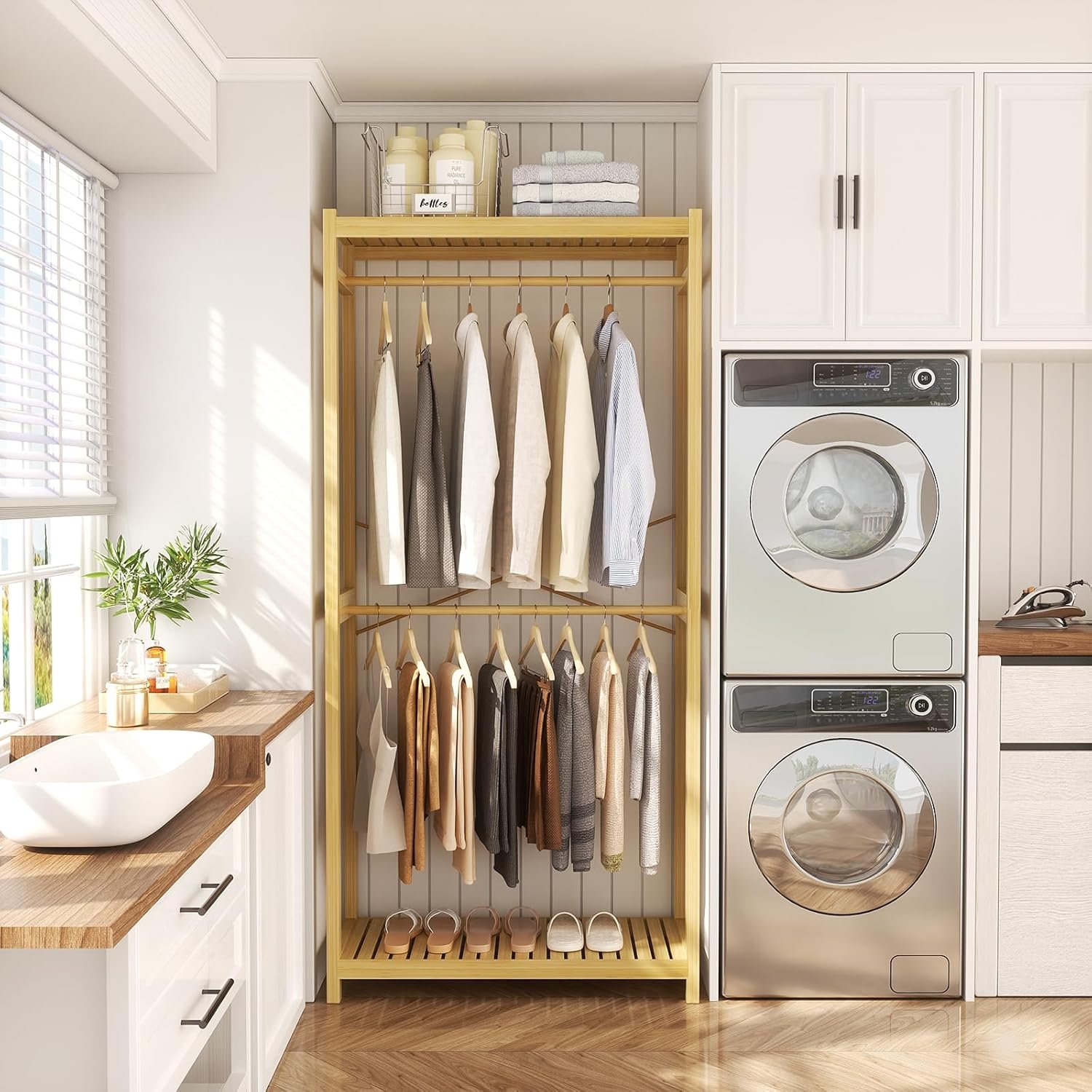 Homykic Bamboo Clothes Rack with Shelves and Double Hang Rods, Portable Closet System Garment Rack for Hanging Clothes, Tall Clothing Rack Corner Closet Organizer, Easy to Built, Natural - Image 5