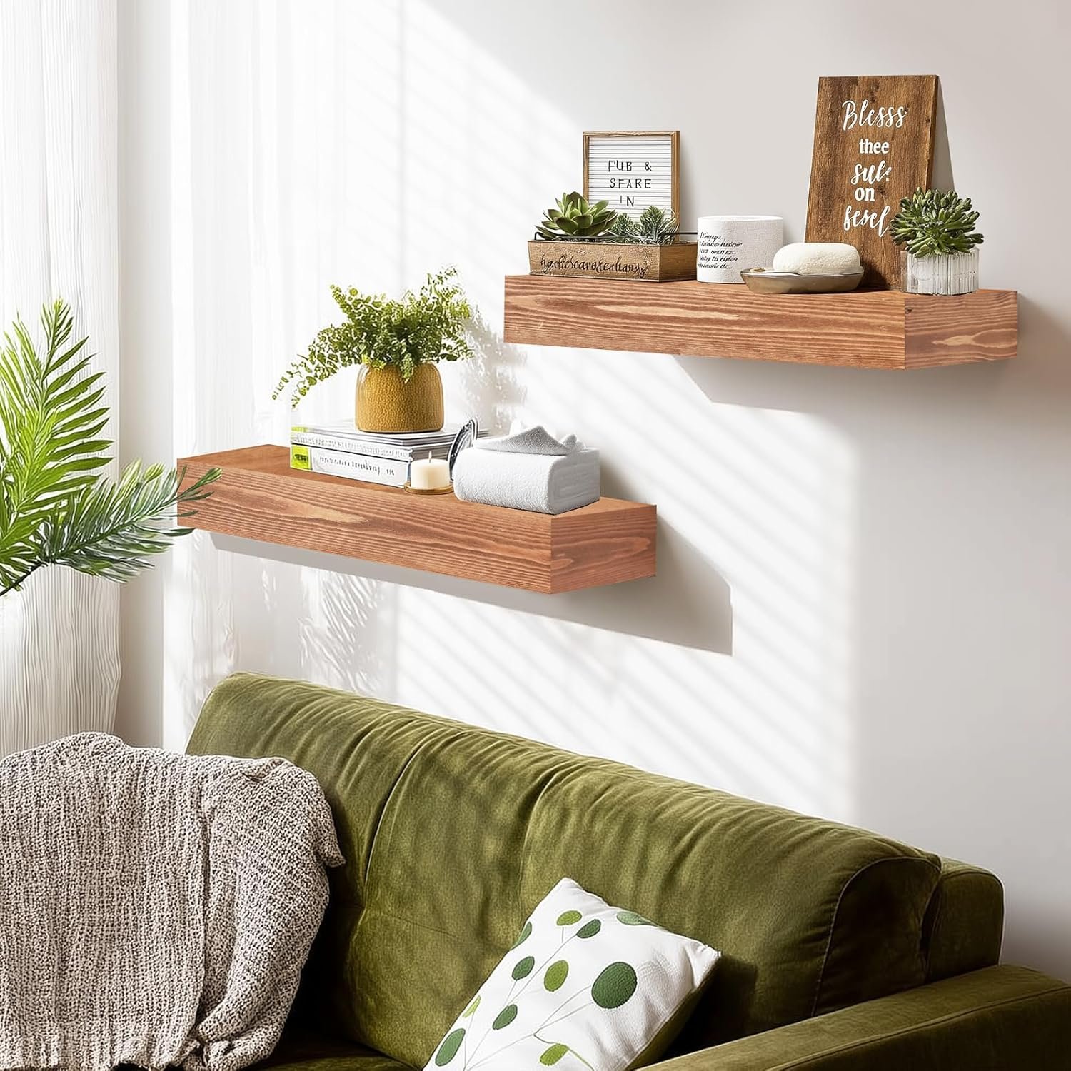 17x3x7 inch Floating Shelves Wall Mounted - Set of 2 Wood Rustic Solid Wood Wall Shelf - Heavy Duty Decorative Fireplace Mantel for Living Room, Bedroom, Bathroom, Kitchen - Image 3