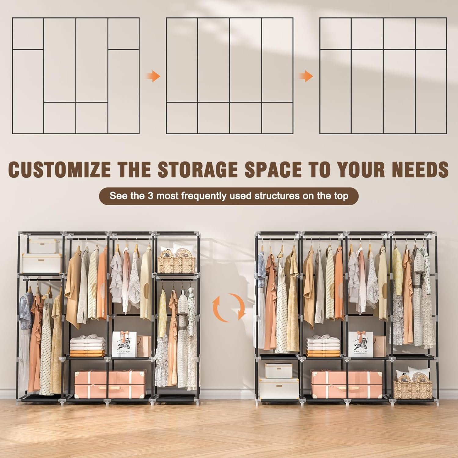 Wardrobe Closet, 66 Inch Portable Closet for Hanging Clothes, Large Capacity Clothes Rack Organizer with Cover & 4 Hanging Rods & 8 Storage Shelves & 2 Side Pockets (Black) - Image 6