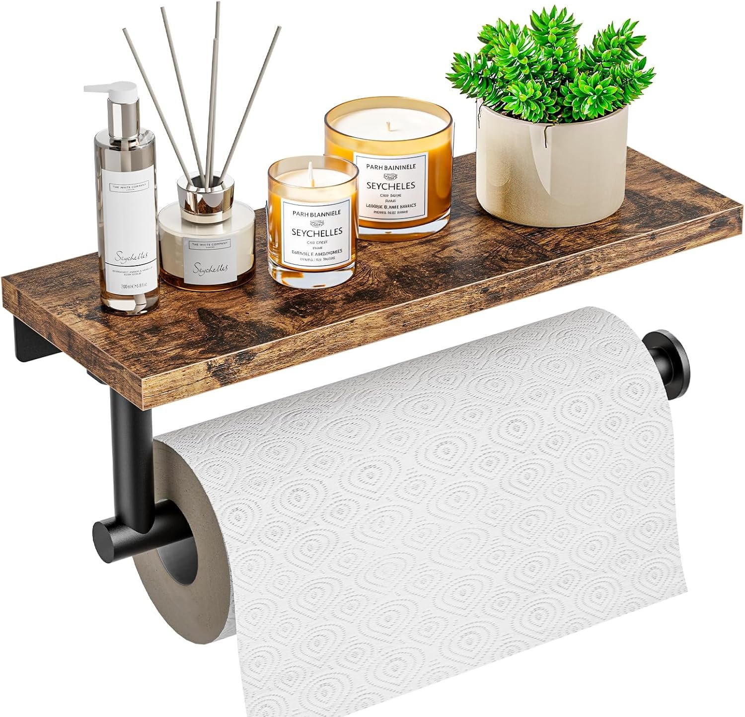 Paper Towel Holder Wall Mount with Shelf - Wooden Hanging Paper Towel Holder for Bathroom, Wall Mounted Hand Towel Holder, Paper Towel Rack for Bathroom, Kitchen, Laundry Room, Rustic Brown - Image 2