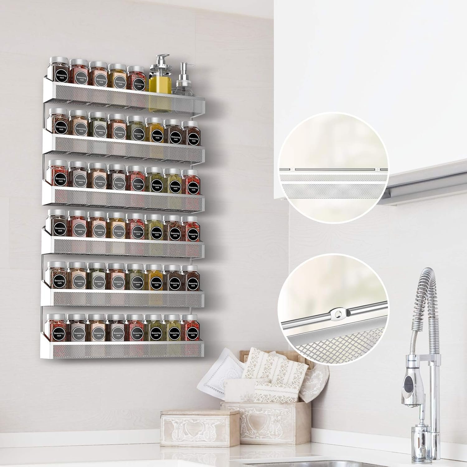 Auledio 2 Pack Spice Rack Organizer, 3 Tier Counter-top Stand or Wall Mounted Storage Rack Hanging Shelf for Kitchen Cabinet, Cupboard, Pantry Door or Bathroom Shower Cosmetic - Chrome - Image 9