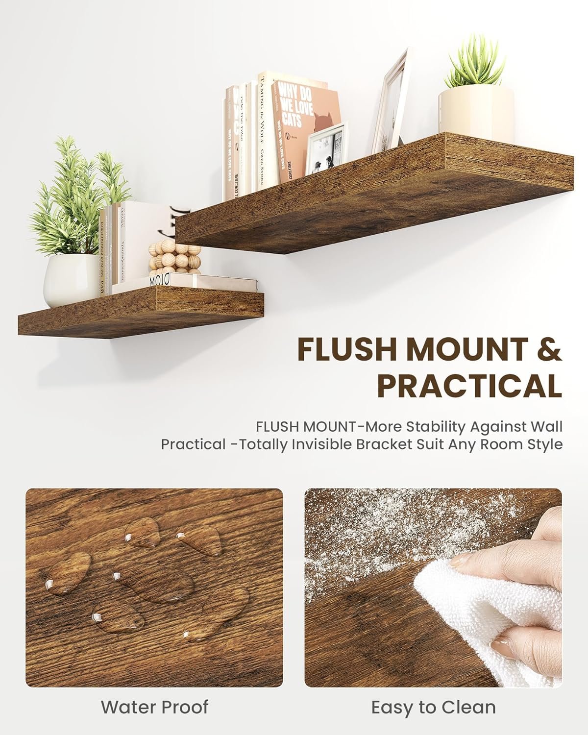 Marsmiles 30" Floating Shelves for Wall, Wooden Shelves with Invisible Brackets Set of 2, Rustic Farmhouse Wall Mounted Shelf for Kitchen Bathroom Living Room Study, Rustic Brown - Image 4