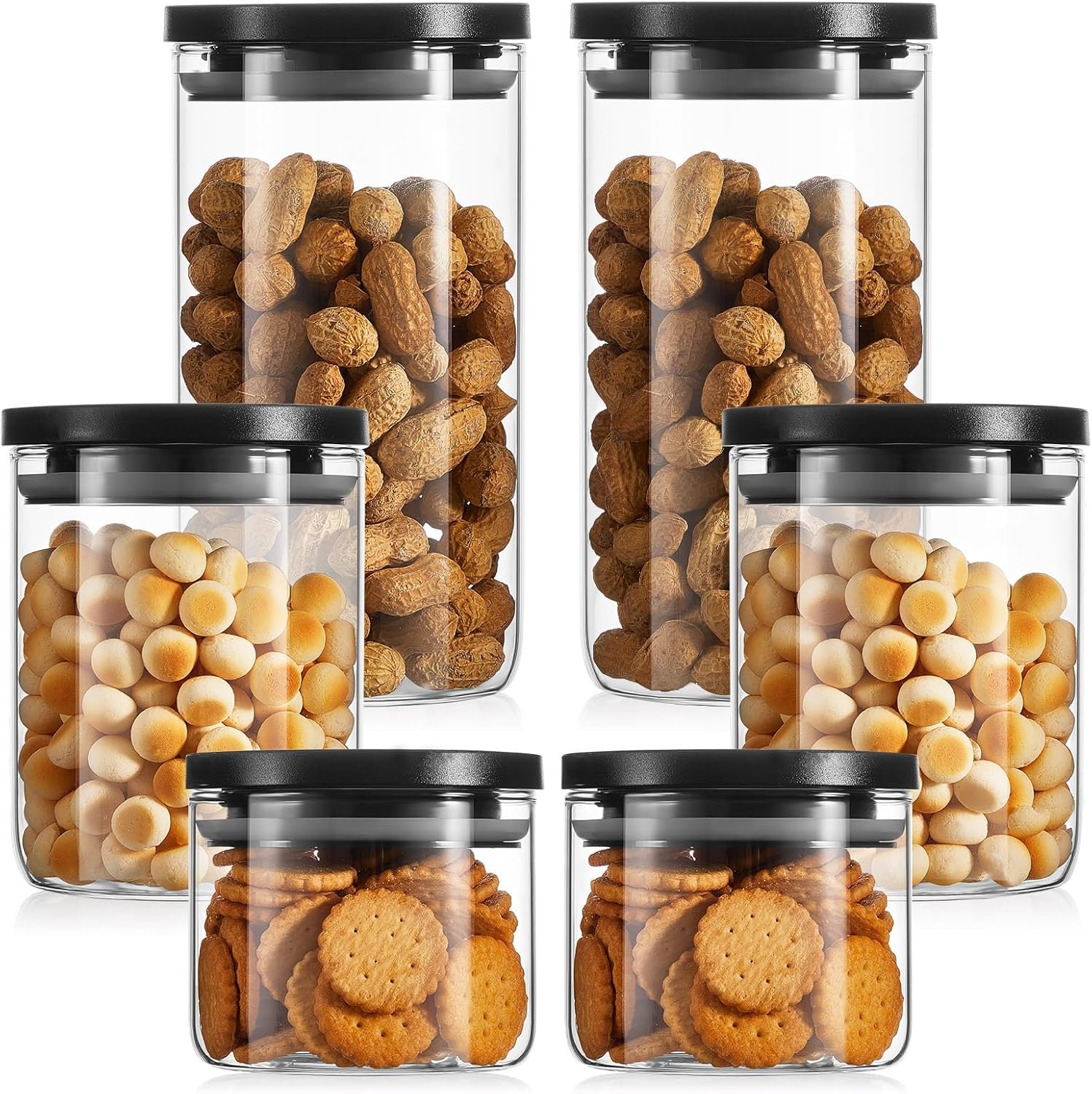 Rtteri 6 Pcs Glass Jars with Black Lids 15oz 27oz 41oz Canisters with Black Airtight Lids Stackable Glass Food Storage Containers Pantry Storage Jars PP Material Airtight - Image 2