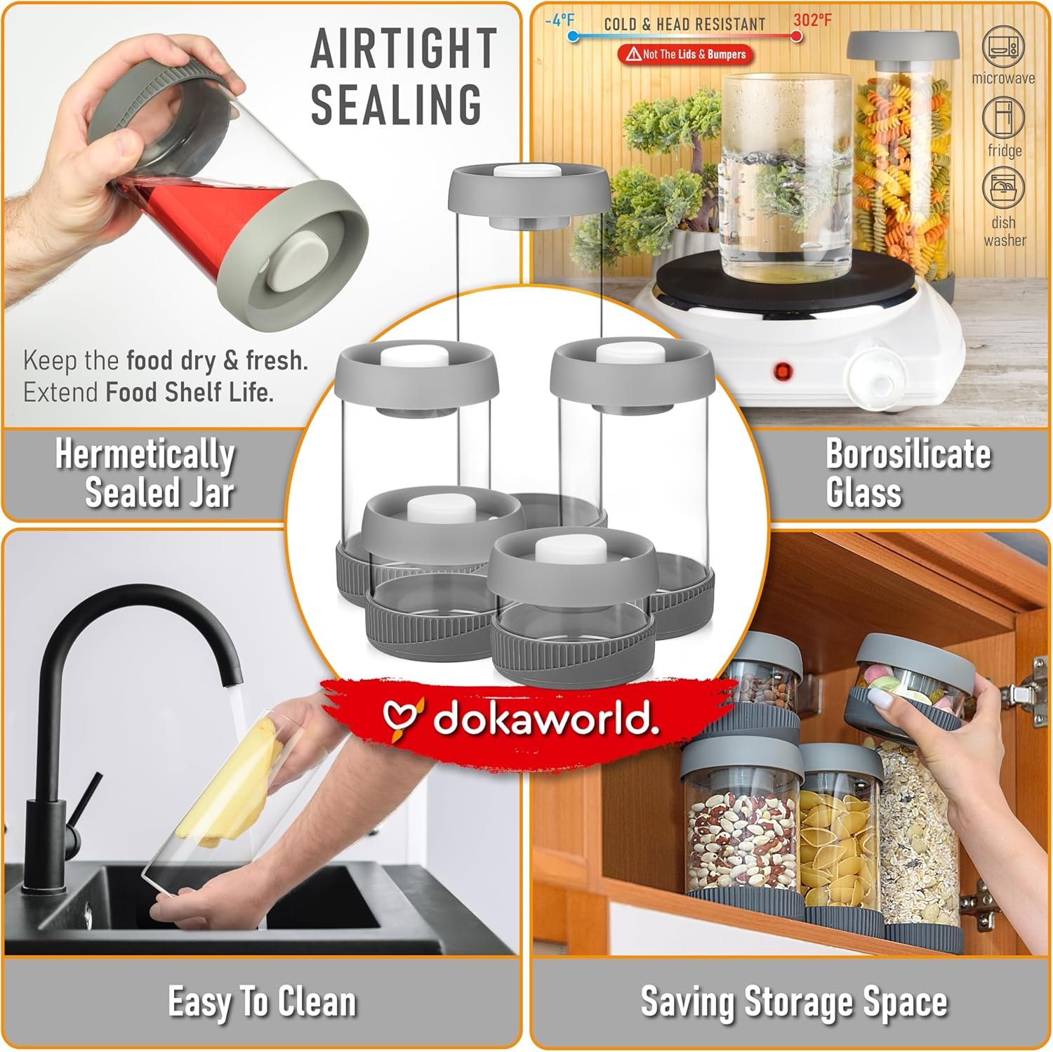 Glass Canisters Set - Kitchen Leakproof Seal Food Storage Jars - Coffee Bean Container - Pack of 5 Glass Canisters With Vacuum Airtight Lids for Cereal, Pet Treats, Nuts, Candy - Image 7