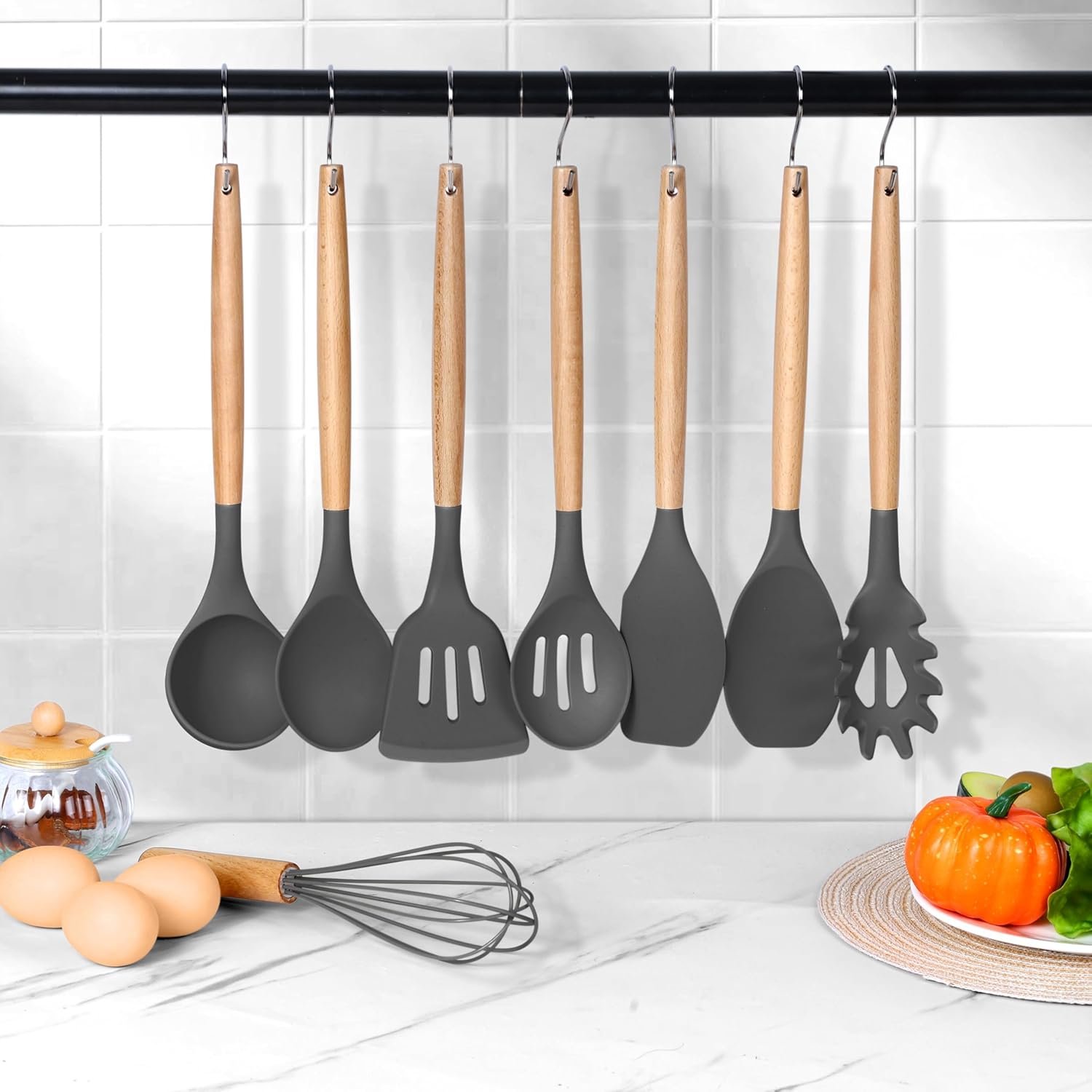 Herogo 8 Pcs Heat-Resistant Silicone Kitchen Utensils Set, Non-Stick Food-Grade Cooking Utensils with Wooden Handle, Includes Spatula Spoon Turner Server Whisk Ladle for Baking, Cooking (Dark Gray) - Image 8