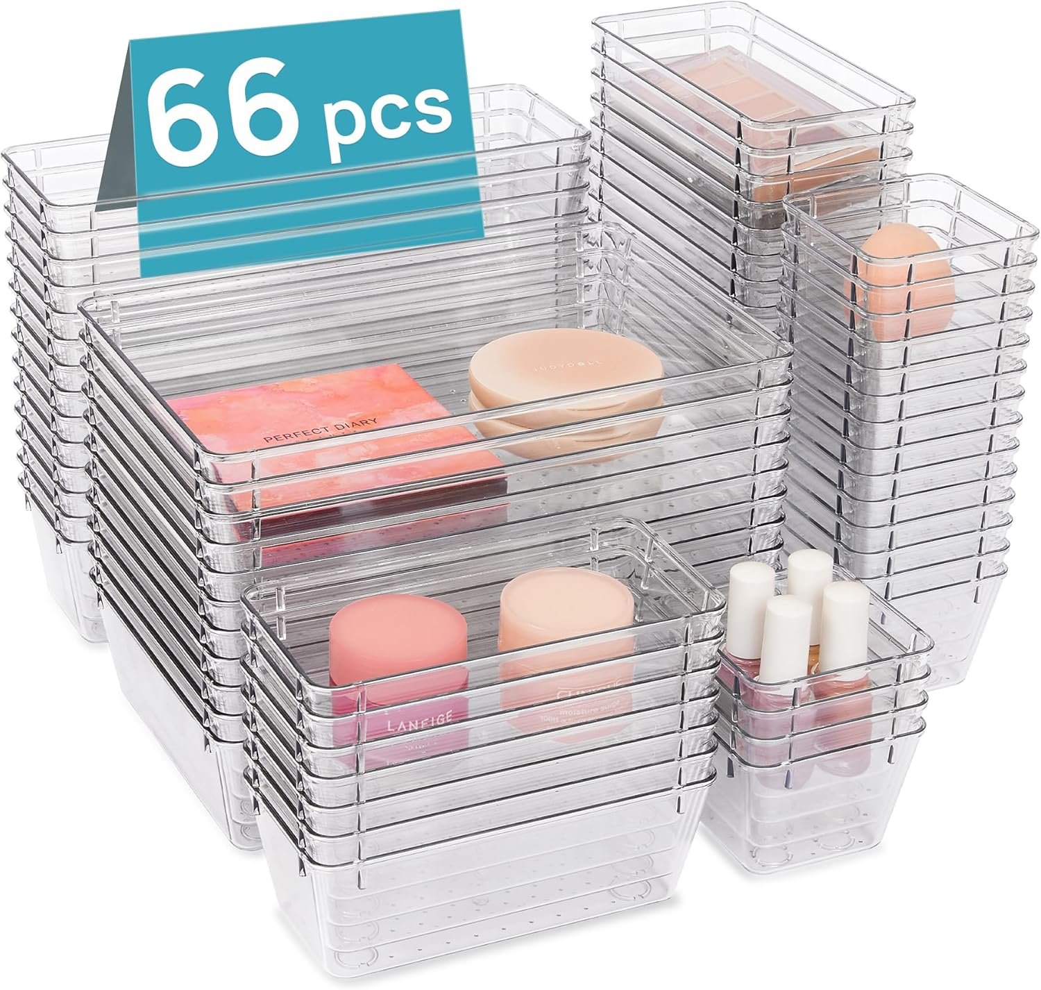 Vtopmart 66 PCS Clear Plastic Drawer Organizer Bins, 4-Size Versatile Bathroom and Vanity Organizer Trays, Acrylic Storage Containers for Makeup, Jewelry, Toiletry, Kitchen Utensils and Office Supply - Image 2