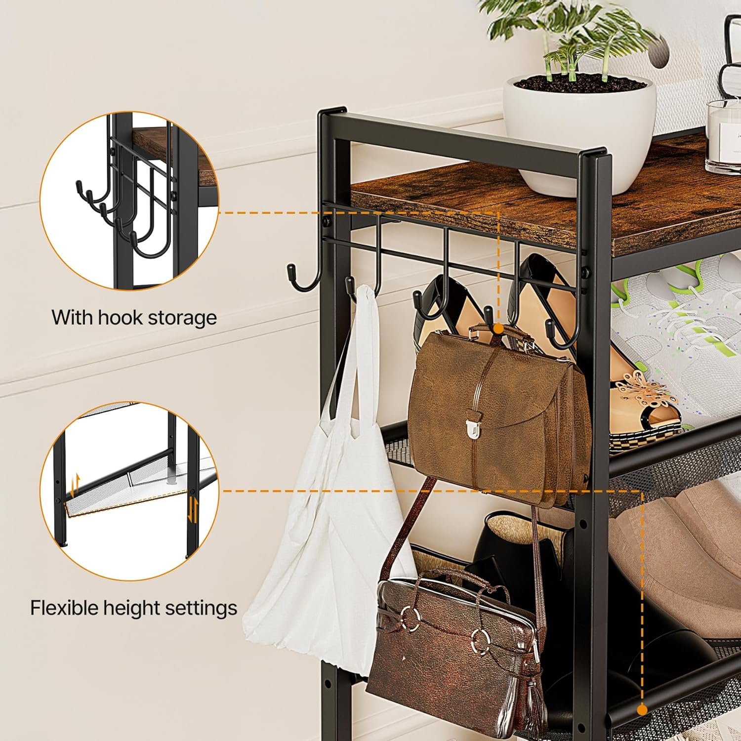 5 Tier Shoe Rack, Shoe Rack for Front Door Entrance with Hook, Shoe Organizer with Adjustable Mesh Shelves, Metal Shoes Rack for Entryway, Closet, Bedroom Living Room Garage - Image 4
