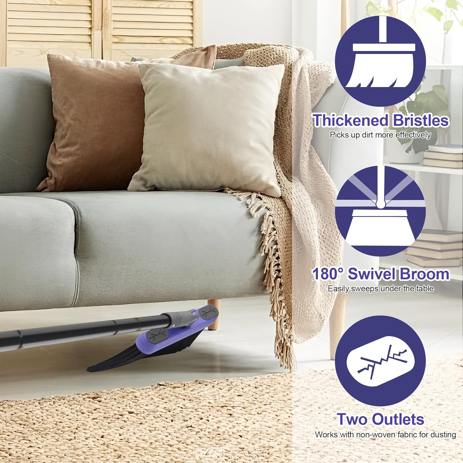 Collapsible Broom with Dustpan Combo, 54 Inch Long Handle Soft Bristle 180 Degree Swivel Brush Indoor Outdoor Kitchen Lobby Dorm Room Classroom, Small Vertical Dustpan with Combing Teeth - Image 4