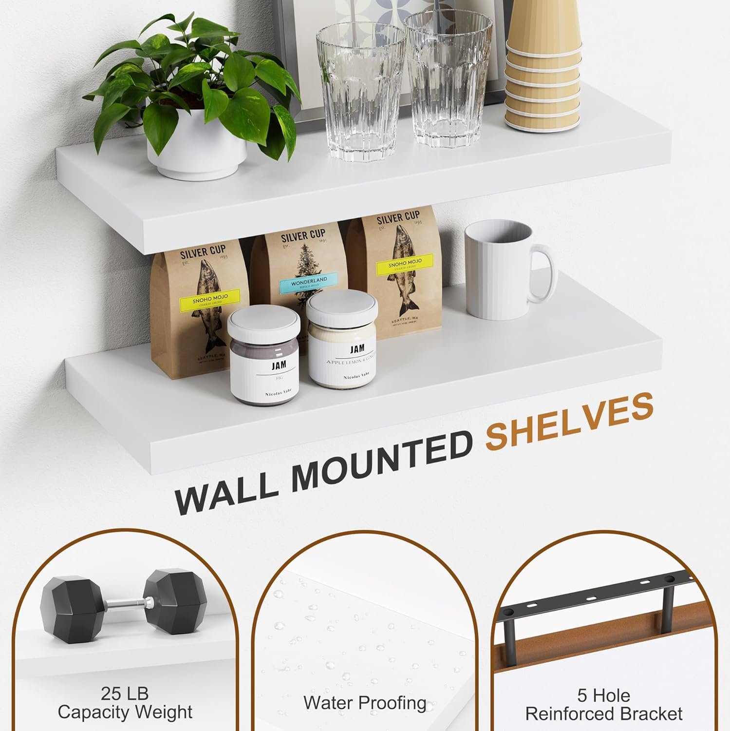 Bellsal Floating Shelves for Wall, White Engineered Wood Wall Shelf Set of 4, 16" Wall Mounted Floating Shelf for Kitchen, Living Room, Bedroom, Bathroom Storage, Book Shelf for Walls Home Decor - Image 7