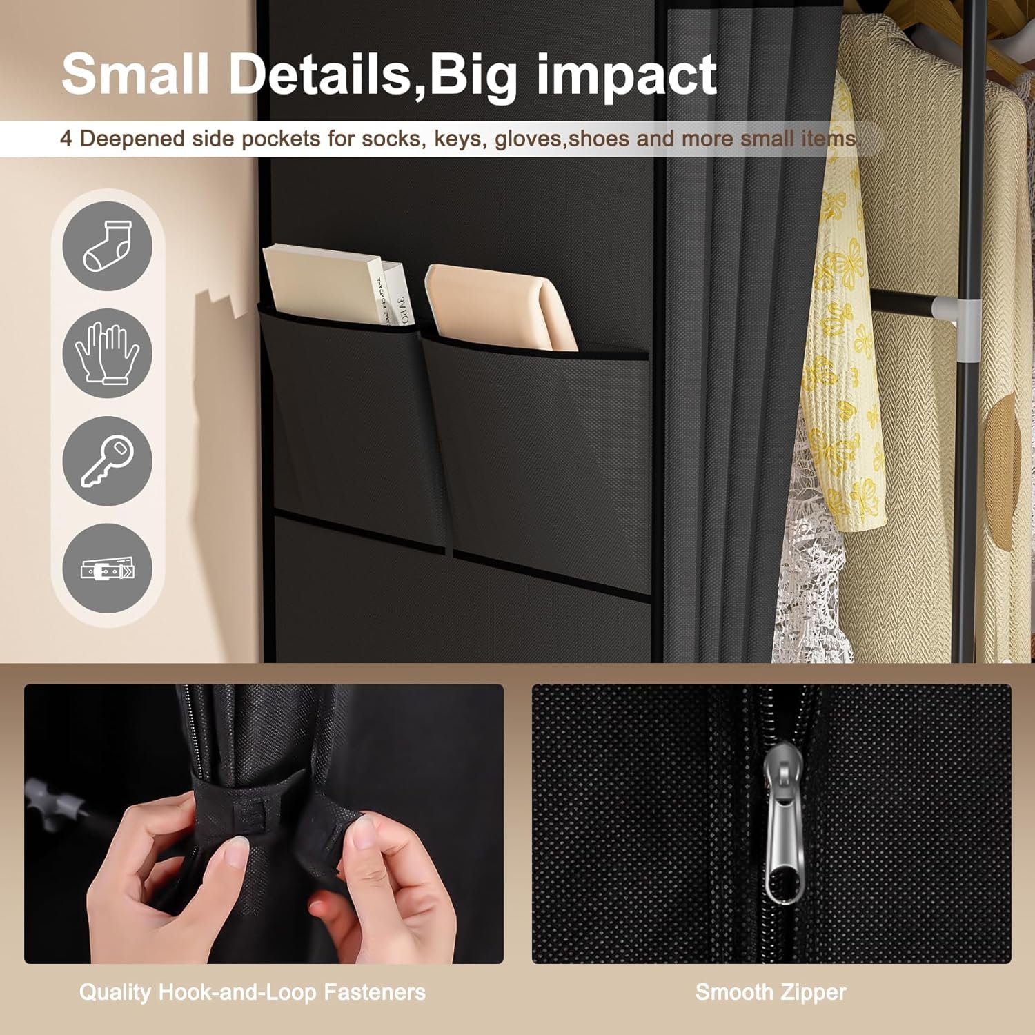 Wardrobe Closet, 66 Inch Portable Closet for Hanging Clothes, Large Capacity Clothes Rack Organizer with Cover & 4 Hanging Rods & 8 Storage Shelves & 2 Side Pockets (Black) - Image 8