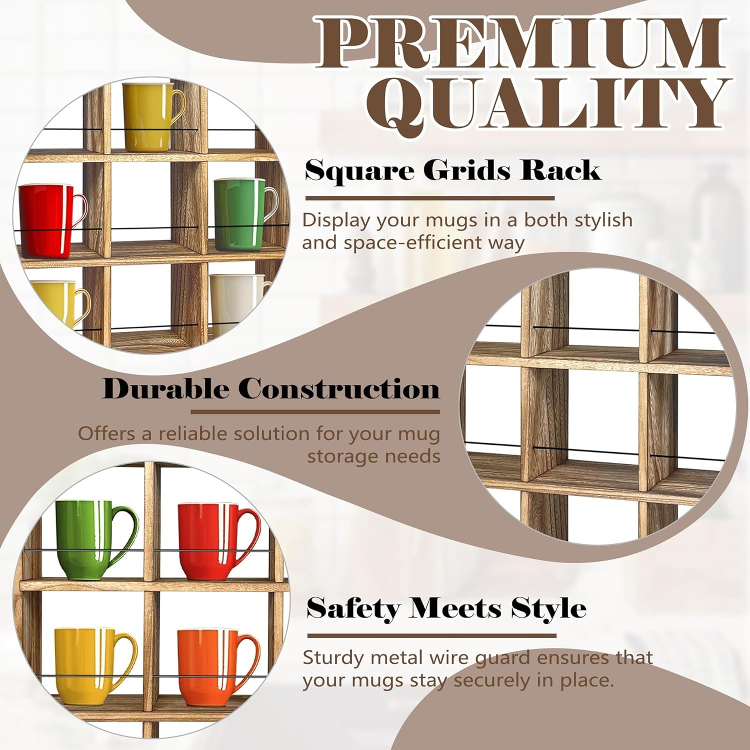 Montex Coffee Mug Holder, Mug Rack Wall Mounted, 3 Tier Coffee Mug Shelf, Rustic Coffee Mug Display Rack for Kitchen, Home, Coffee Bar(25 Grids) - Image 4