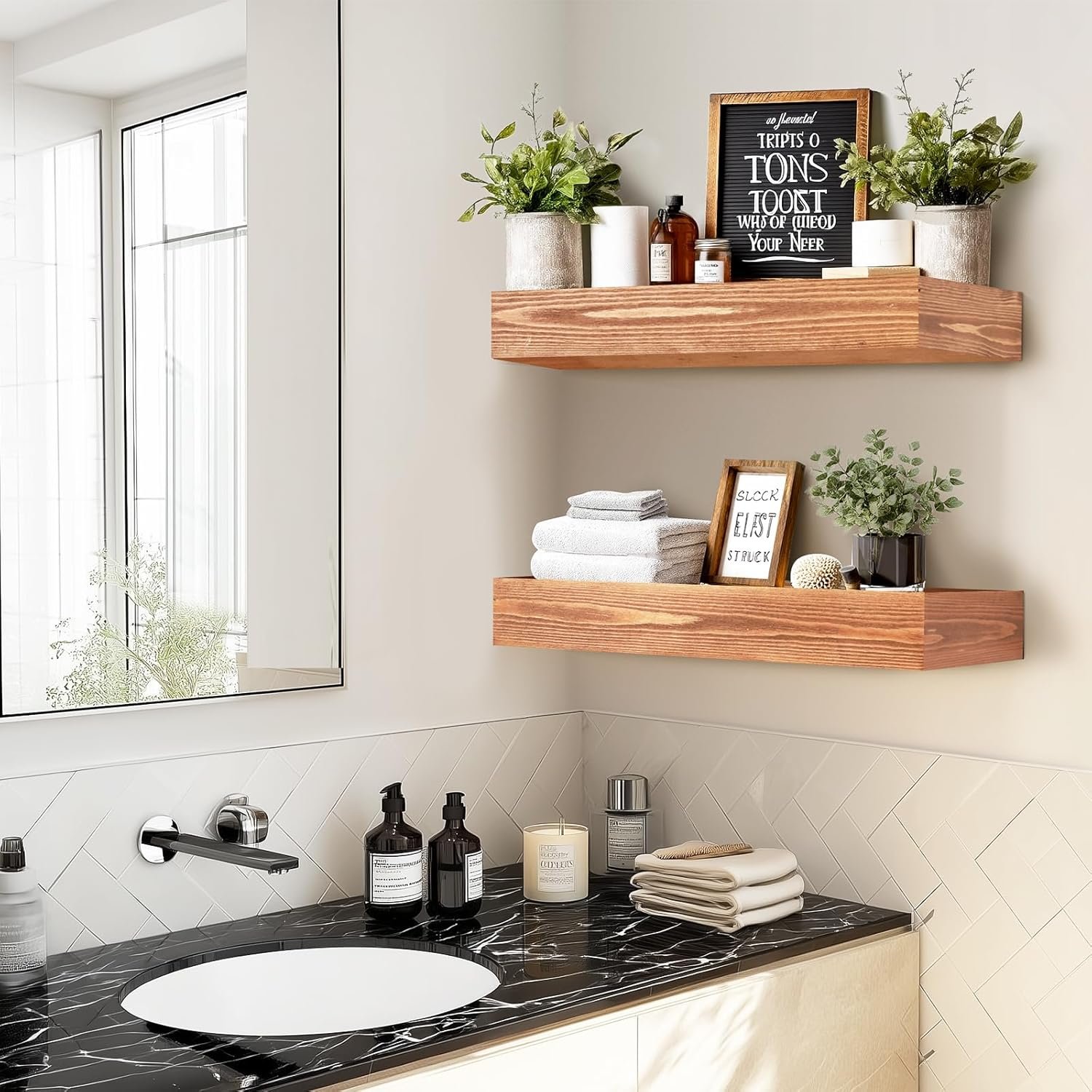 17x3x7 inch Floating Shelves Wall Mounted - Set of 2 Wood Rustic Solid Wood Wall Shelf - Heavy Duty Decorative Fireplace Mantel for Living Room, Bedroom, Bathroom, Kitchen - Image 6