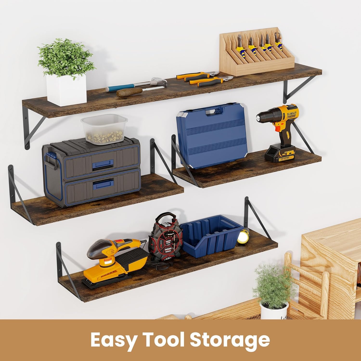 Heimlove Floating Book Shelves for Wall,35.4 Inches Long Wall Mounted Bookshelves,Heavy Duty Bracket Shelves for Living Room Kitchen,Laundry Room Storage & Decor,Set of 3,Rustic Brown - Image 7