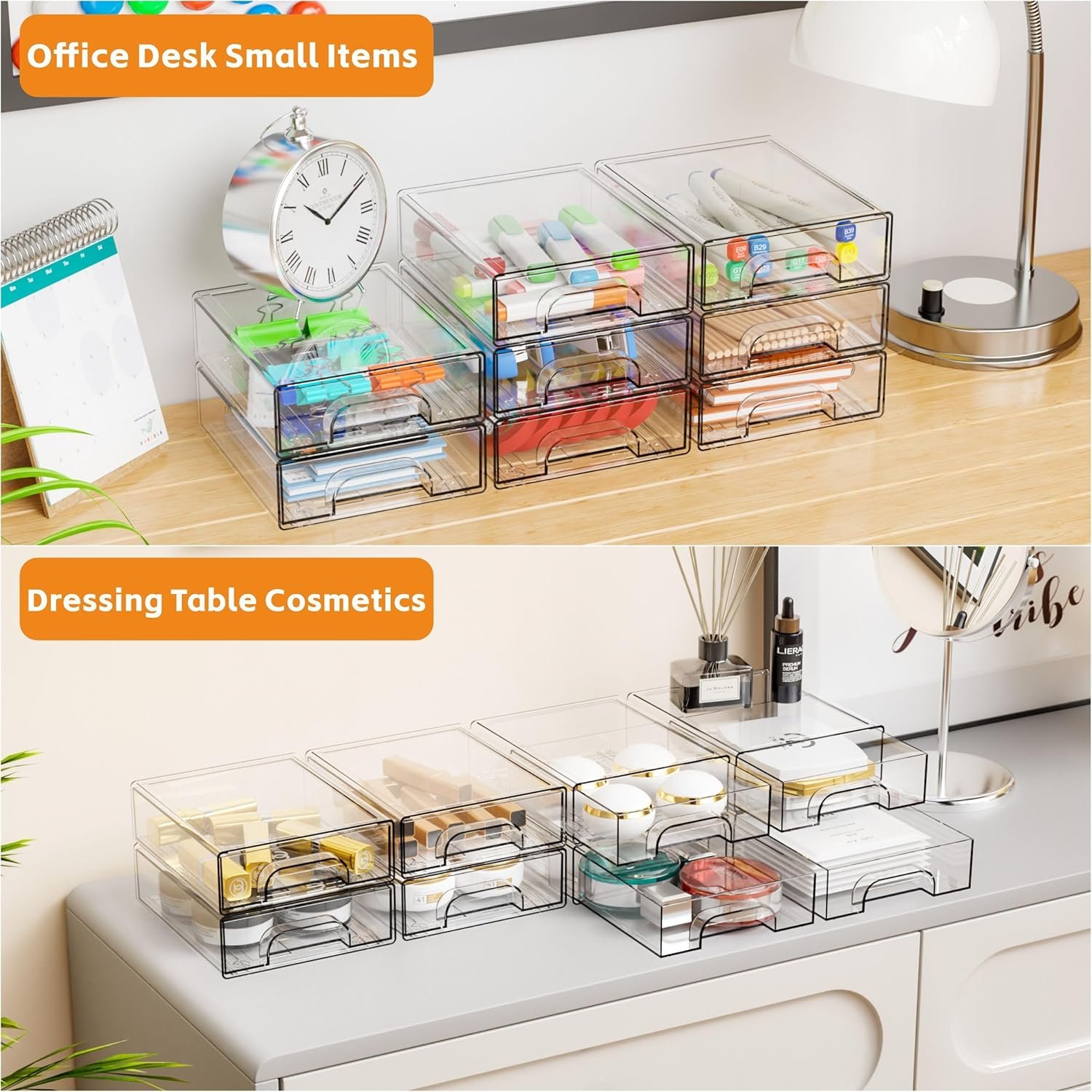 Yieach 2.2'' Tall Acrylic Clear Stackable Storage Drawer Organizer,8 Pack Desk Organization and Storage,Plastic Office Supply Organizer,Drawer Storage Organizer for Makeup,Accessory,Pen,Art Crafts - Image 5