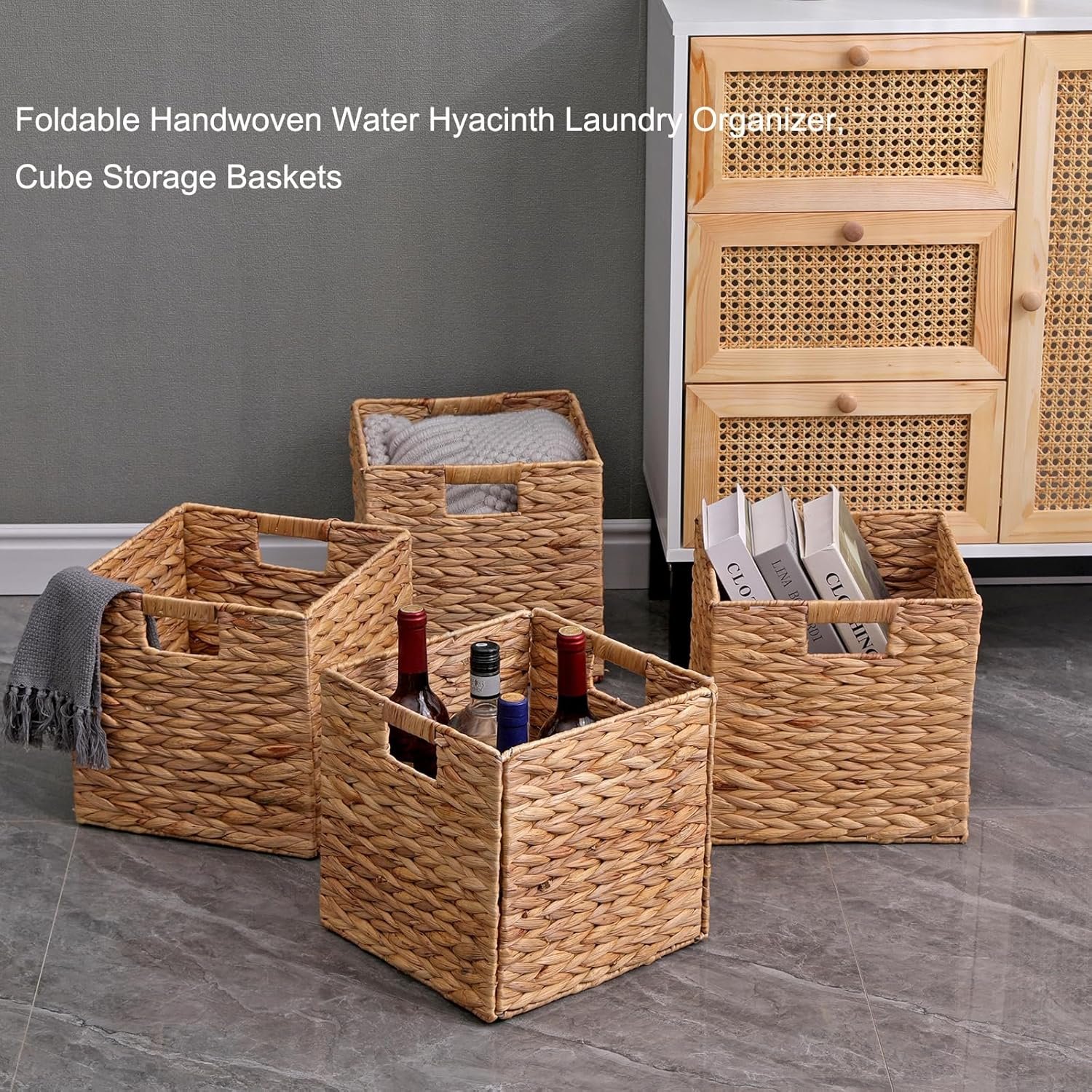 Storage Baskets 11x11inch Cube Baskets 4 pcs Baskets,Foldable Handwoven Water Hyacinth Laundry Organizer,Cube Storage Baskets - Image 7