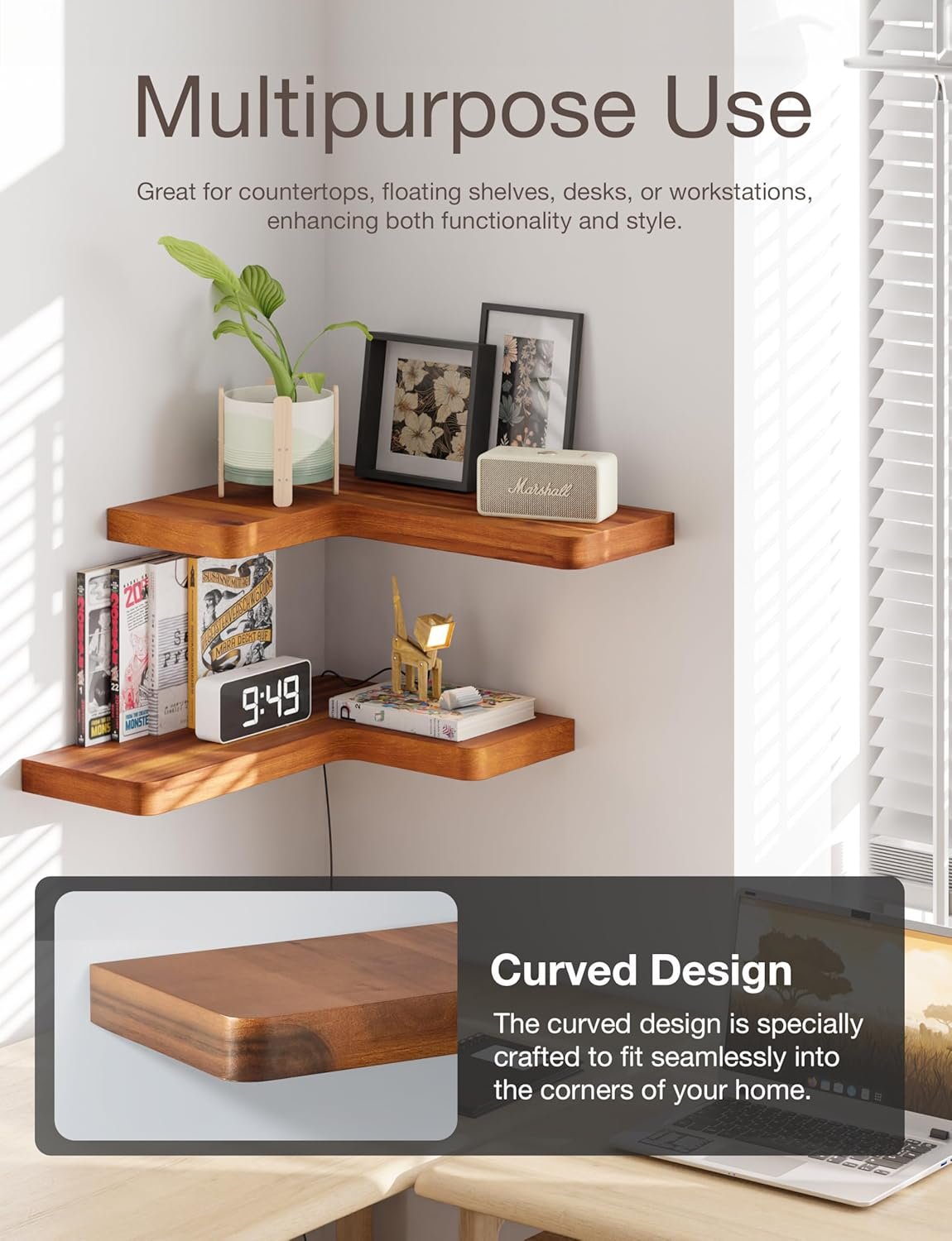 BATODA Acacia Wood Corner Floating Shelves 17" x 12"– Corner Shelf Wall Mounted - Floating Book Shelves for Wall - Brackets and Shelving Hardware Included for Kitchen, Living Room, Bathroom (Set 2) - Image 6