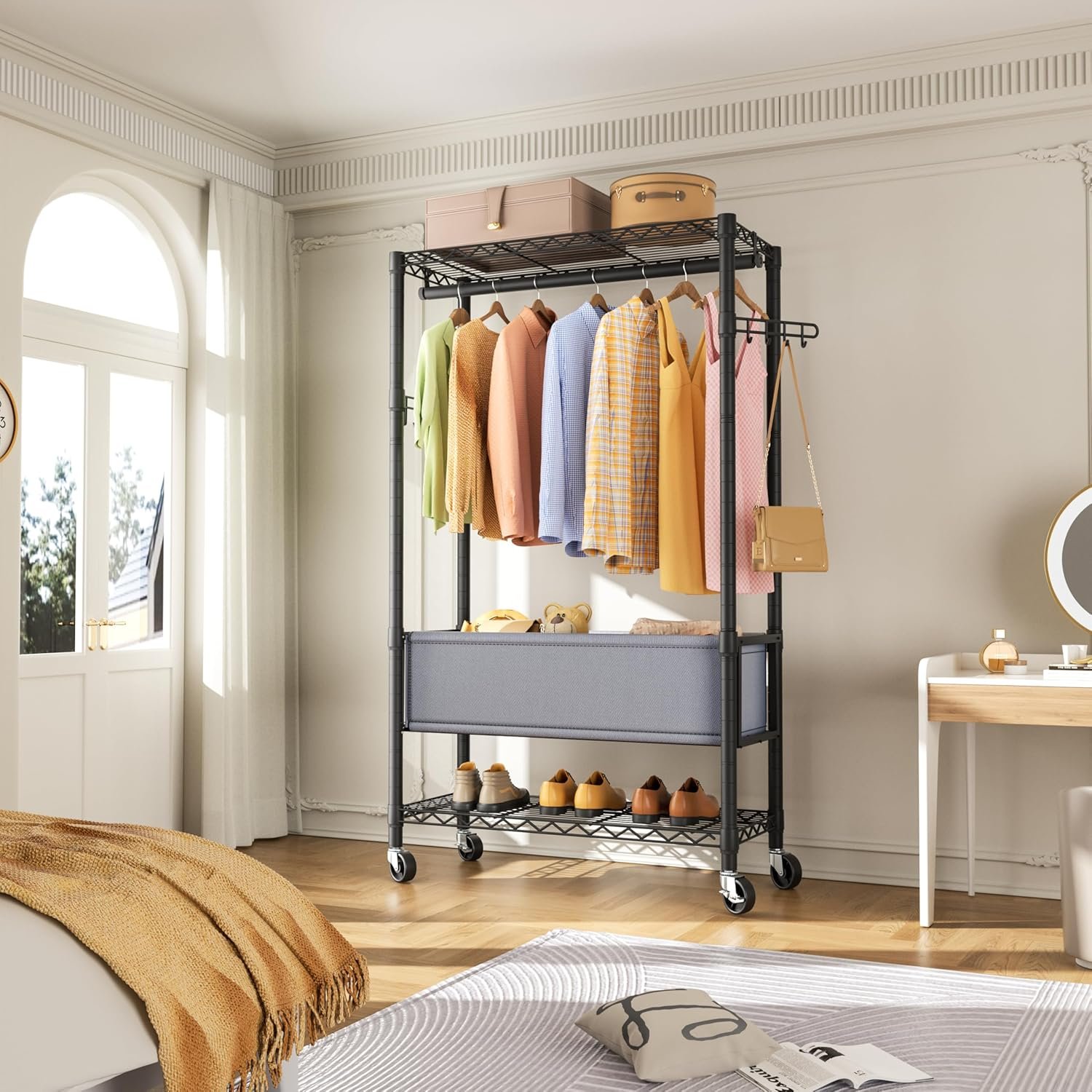 Clothes Rack,Heavy Duty Garment Rack 3 Tier Adjustable With Removable Clothe Basket,Wheels Free Standing Rolling Wire Shelving Clothing Racks for Hanging Clothes Metal Portable Closet - Image 3