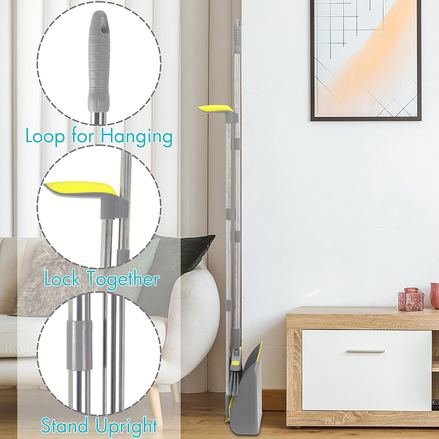 PHYEX 2-Pack Broom and Dustpan Combo Set, 48" Long Adjustable Handle Stand Up Dustpan with Self-Cleaning Teeth, Ideal for Home, Office, Kitchen, Indoor & Outdoor Use, Grey - Image 5