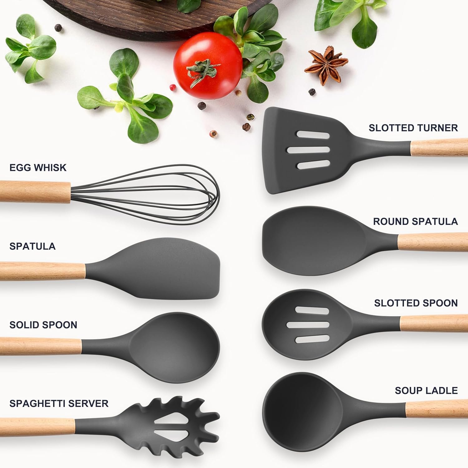 Herogo 8 Pcs Heat-Resistant Silicone Kitchen Utensils Set, Non-Stick Food-Grade Cooking Utensils with Wooden Handle, Includes Spatula Spoon Turner Server Whisk Ladle for Baking, Cooking (Dark Gray) - Image 3