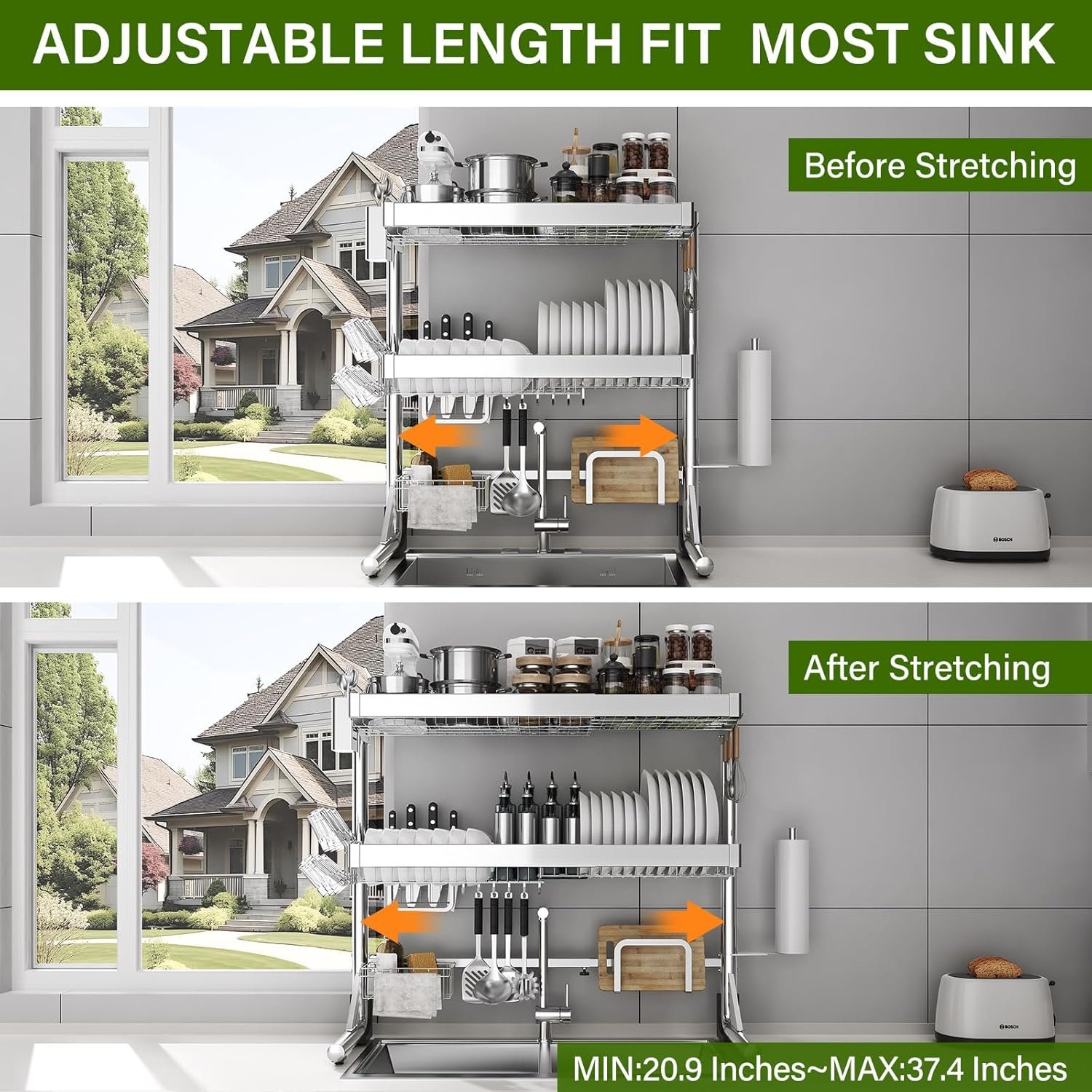 Over The Sink Dish Drainer Drying Rack 3 Tier, Full Stainless Steel Dish Drying Rack Adjustable Length 20.9''-37.4'', Kitchen Sink Shelf, Organized Space-Saving Dish Rack - Image 4