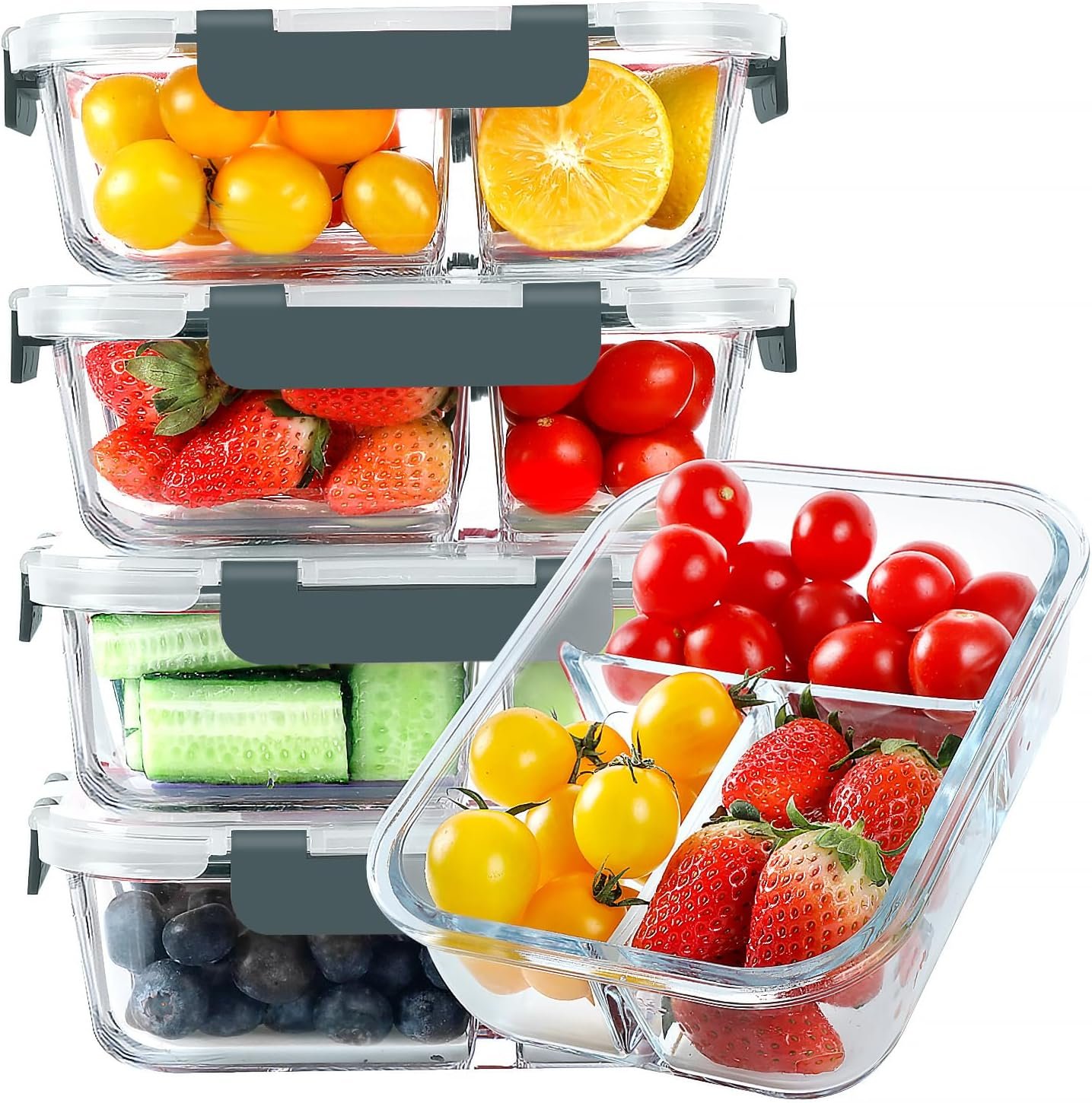 KOMUEE Glass Meal Prep Containers 3 Compartments, 5 Pack 36 oz, Glass Food Storage Containers with Lids, Airtight Lunch Bento Box, Portion Control, Freezer and Microwave Safe - Image 2