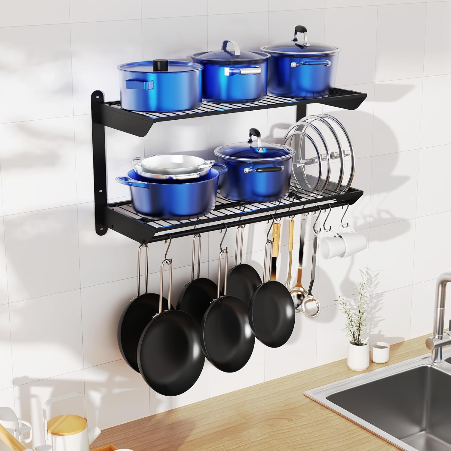 YIGII 30 Inch Pot Rack Wall Mounted, 2-Tier Pots and Pans Organizer with 12 Anti-Drop Hooks, Heavy Duty Kitchen Wall Shelf for Cookware, Lids, Utensils, Black - Image 8