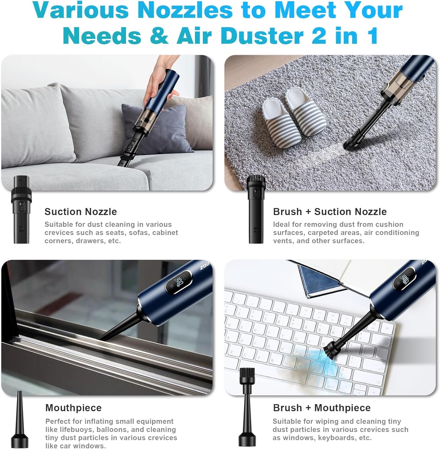 Handheld Vacuum Cordless, Car Vacuum with 14000PA Powerful Suction with LED Light, Air Duster 2-in-1,Low Noise Rechargeable Portable Mini Vacuum Cleaner for Car Home Pet Office,Two Gears Blue - Image 4