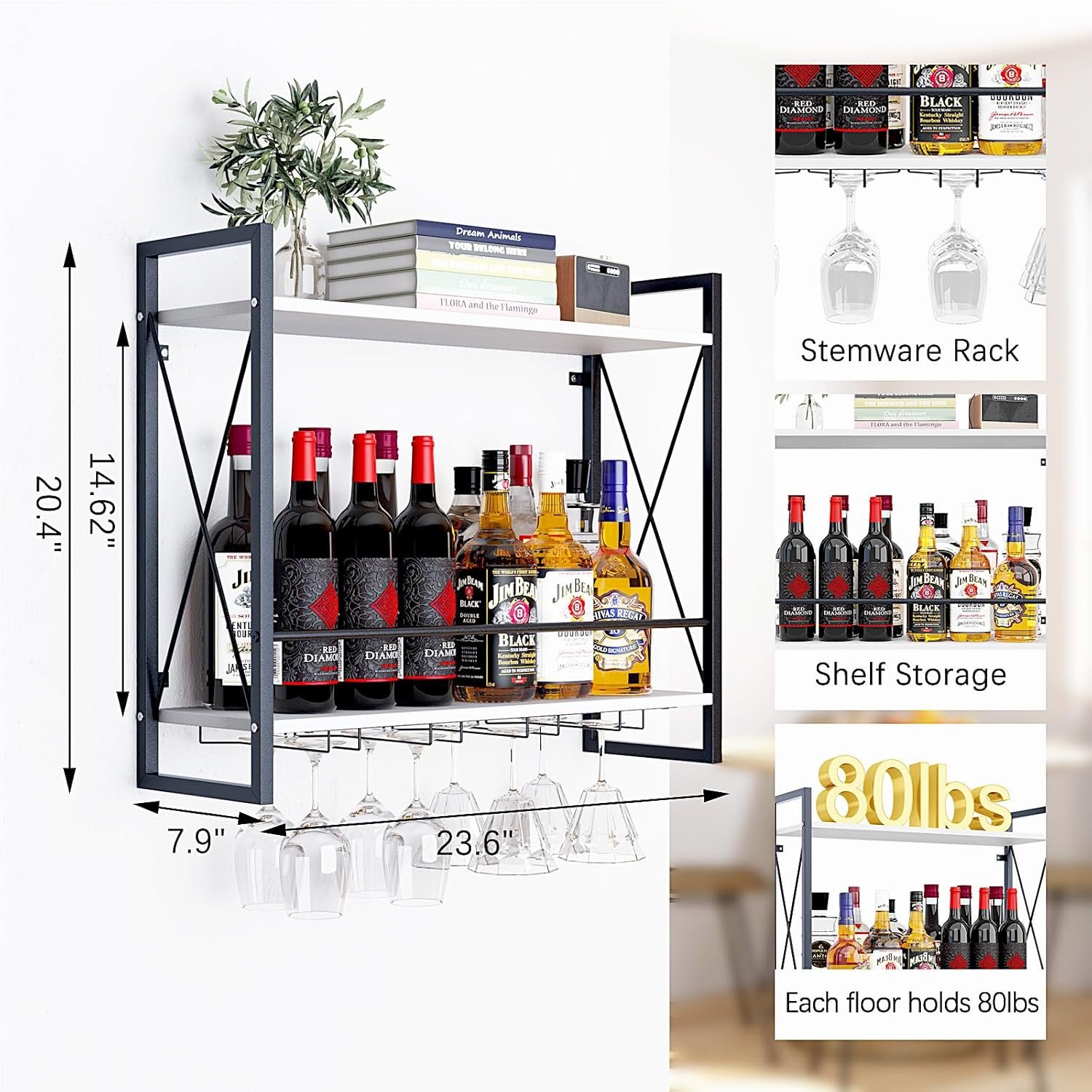 Dokser Wine Rack Wall Mounted 2 Tier Shelf, Wall Wine Rack with Rustic Wood & Industrial Iron Frame, Wine Bottle Holder for Kitchen, Dining Room, Home Bar Decor (White) - Image 3