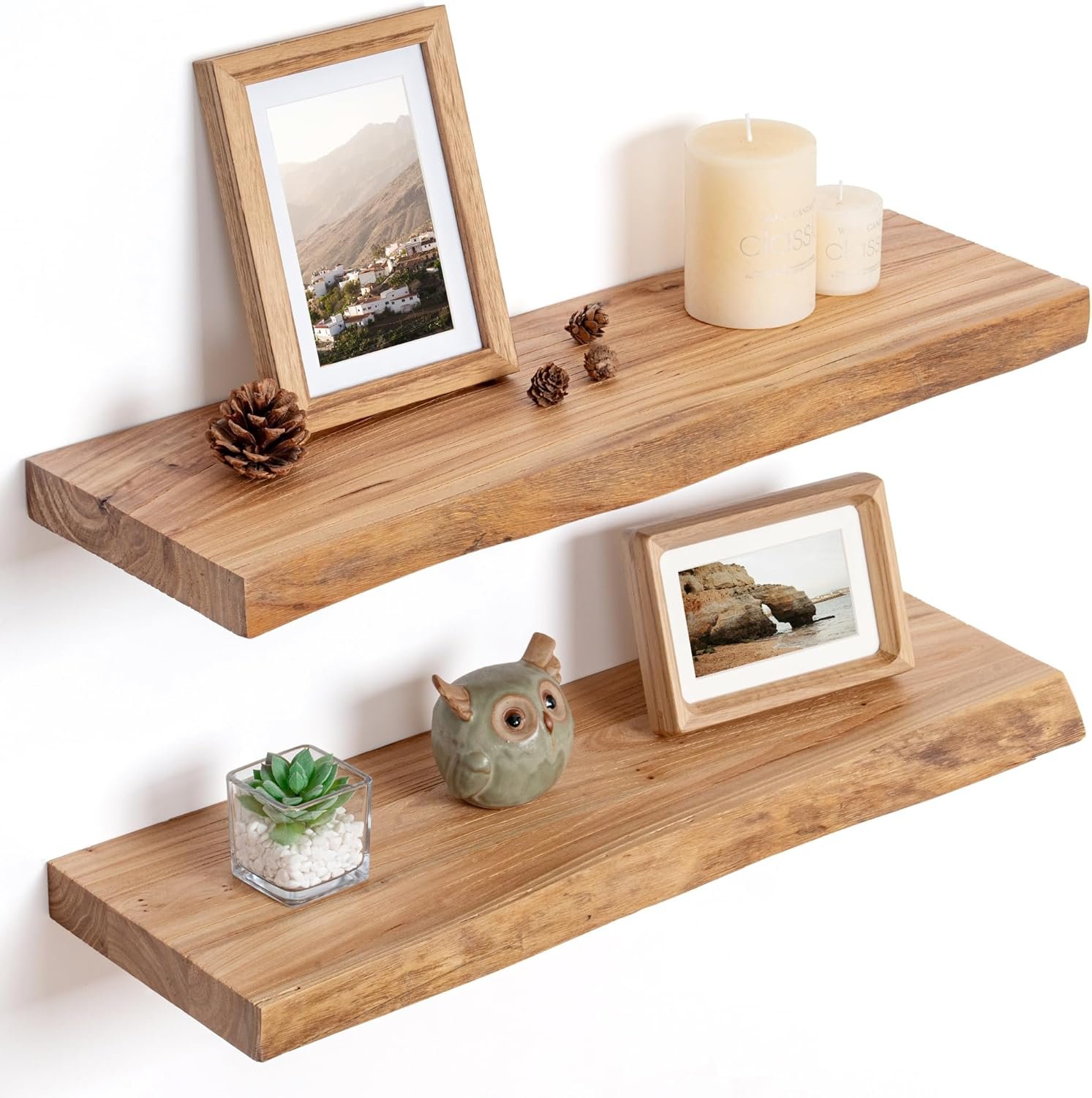 Floating Shelves for Wall Decor, Rustic Solid Elm Wood Live Edge Floating Shelves Wall Mounted, Wall Shelves with Invisible Bracket for Living Room Bathroom Bedroom Kitchen, 24 Inch Set of 2, Natural - Image 2