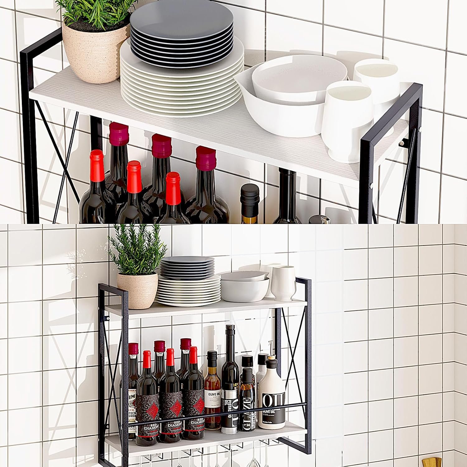 Dokser Wine Rack Wall Mounted 2 Tier Shelf, Wall Wine Rack with Rustic Wood & Industrial Iron Frame, Wine Bottle Holder for Kitchen, Dining Room, Home Bar Decor (White) - Image 7