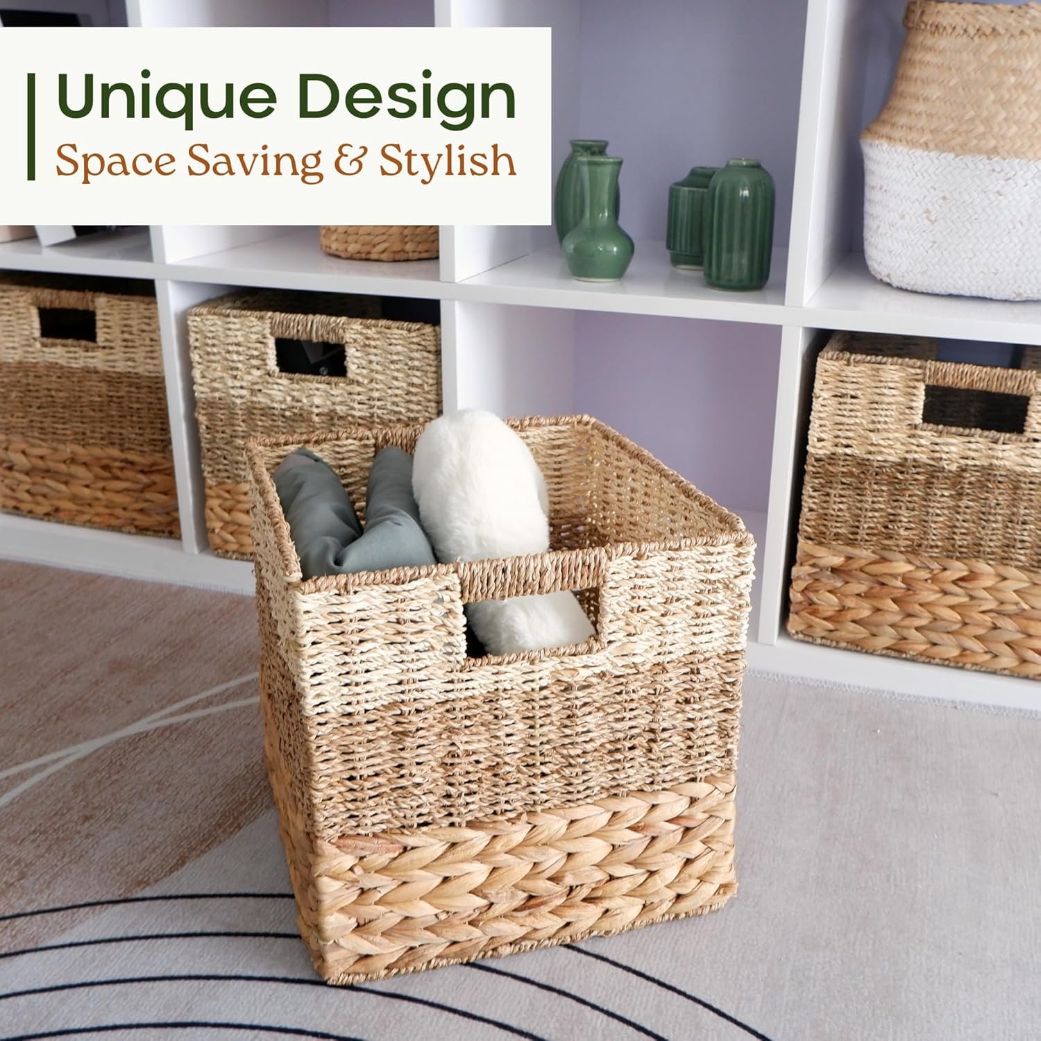 11 Inch Cube Storage Bins, Wicker Storage Baskets for Cube Shelf, Natural Foldable Square Baskets for Storage, Large Woven Storage Bin with Handle, Baskets for Pantry, Living Room Set of 4 - Image 3